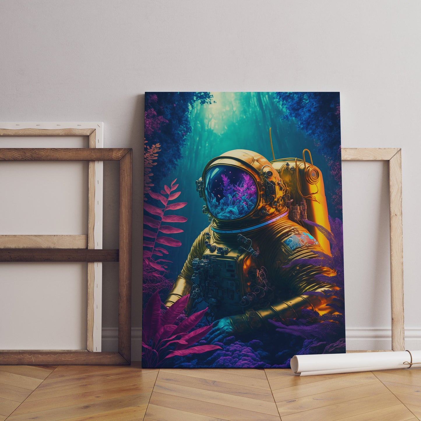 a painting of a man in a diving suit