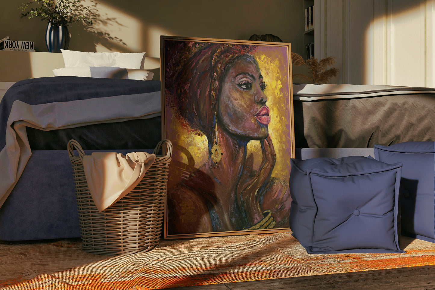 a painting of a woman next to pillows and a basket