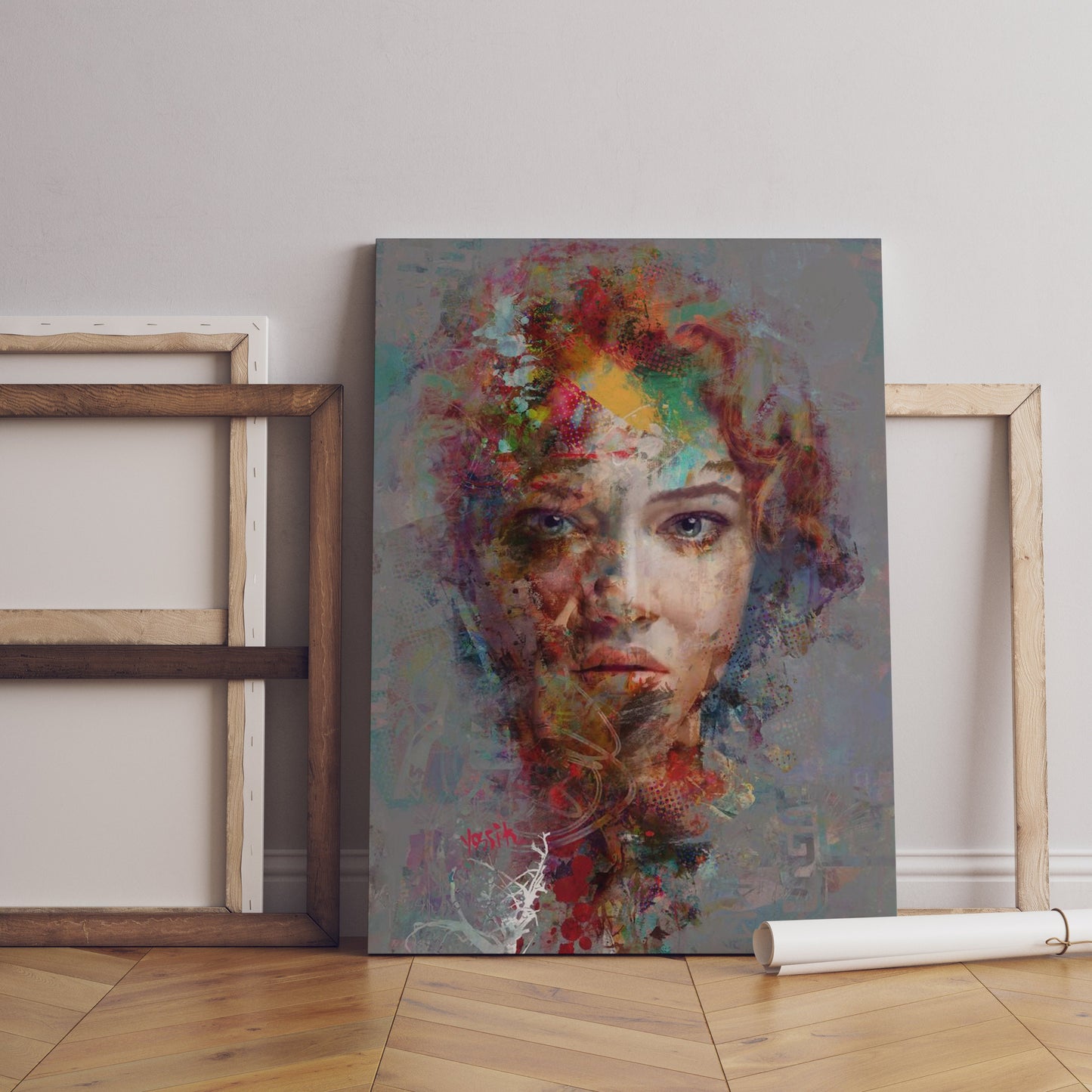 a painting of a woman's face on a wall