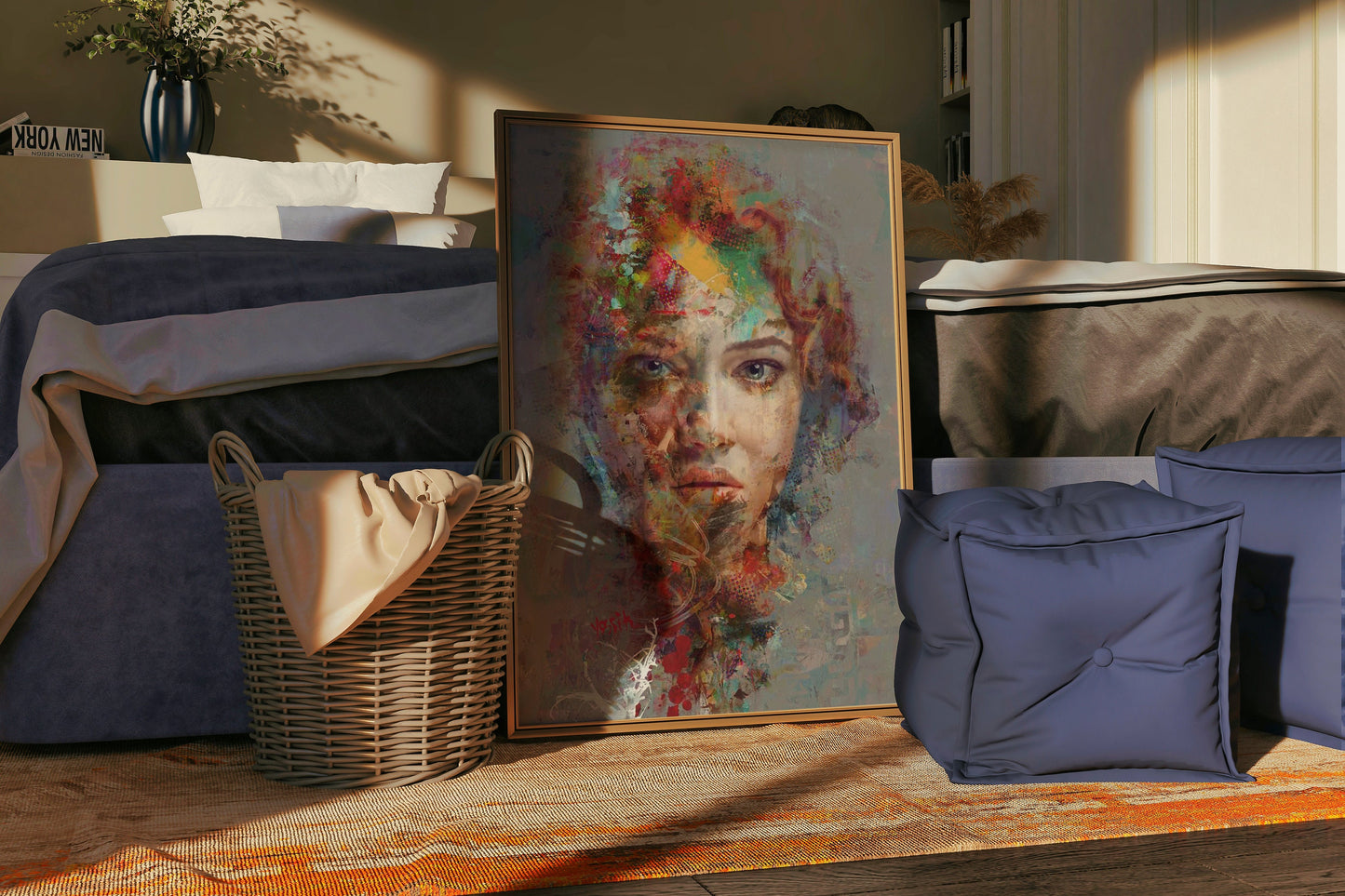 a painting of a woman's face on a wall next to a basket and