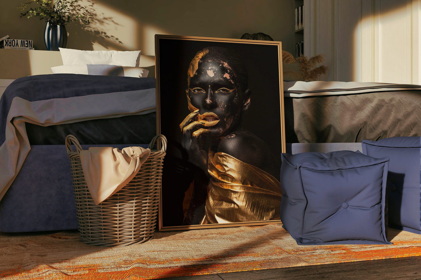 Afro Woman With Golden Makeup Canvas, African Wall Art, Canvas Print,Minimalist Home Decor, Modern Art Paintings,People Portraits