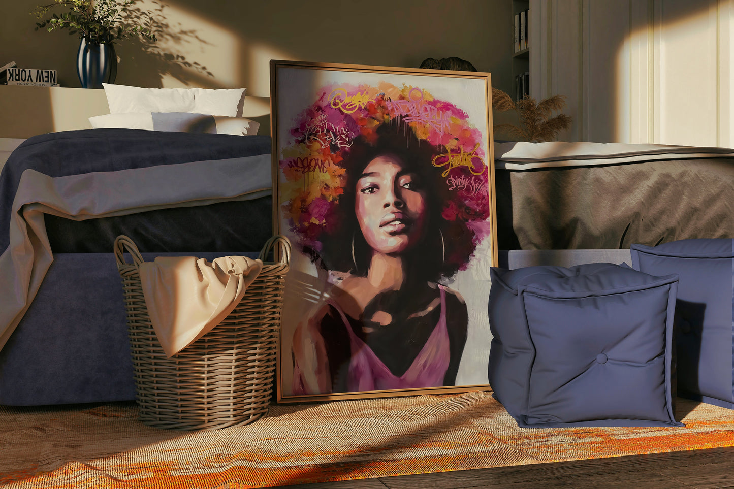 Afro Woman With Bonus Heads Written Inscriptions, African Wall Art, Canvas Print, Modern Art Paintings, People Portraits