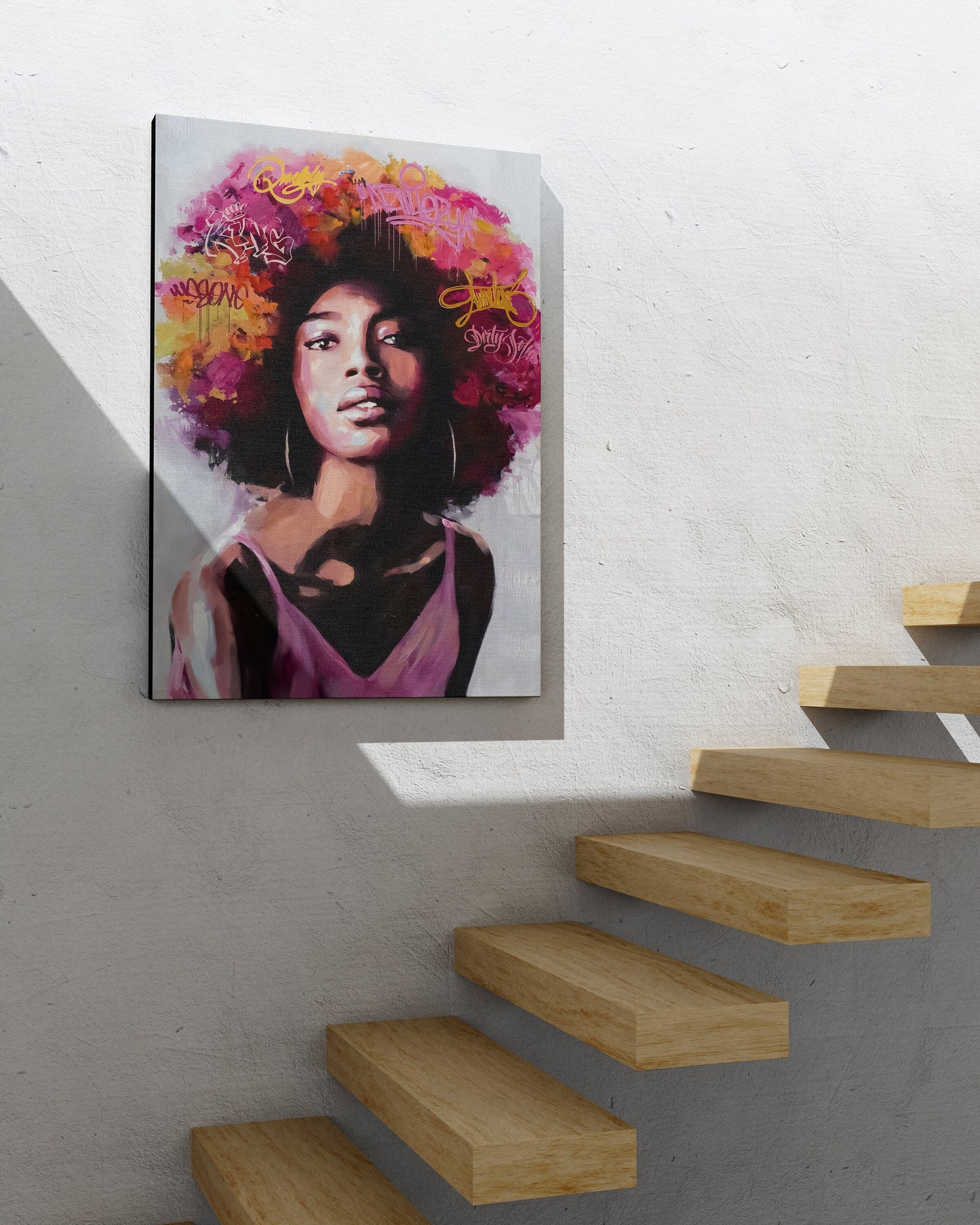 Afro Woman With Bonus Heads Written Inscriptions, African Wall Art, Canvas Print, Modern Art Paintings, People Portraits