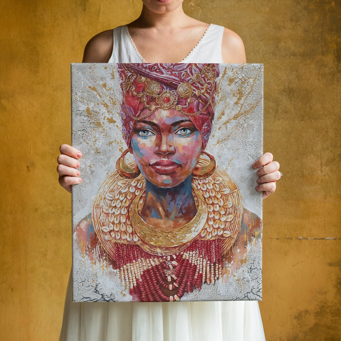 Afro Woman with Gold Accessories Canvas, African Wall Art, Canvas Print,Minimalist Home Decor, Modern Art Paintings,People Portraits