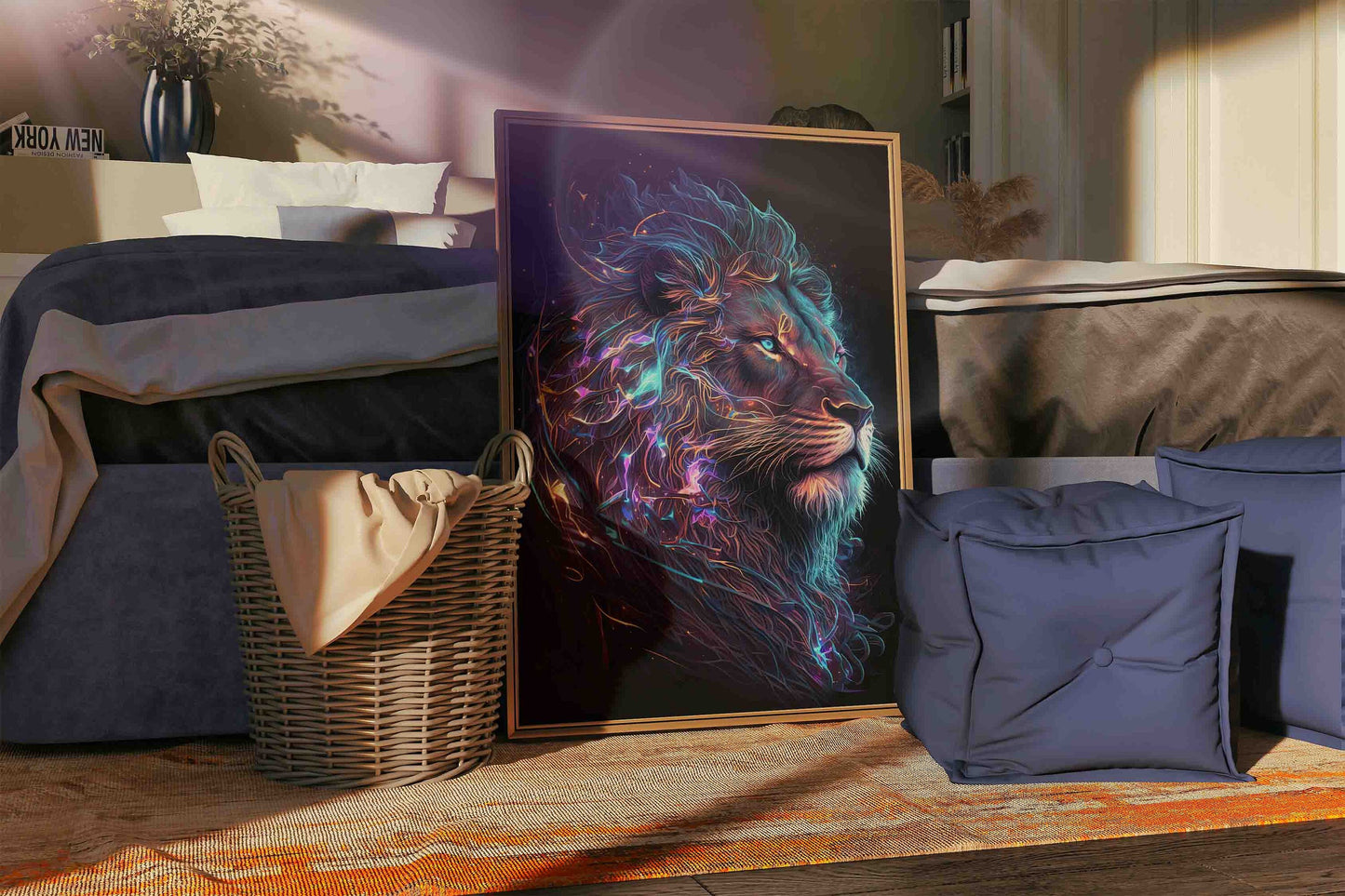 Abstract Neon Light Lion Art Design Glowing Background Canvas, Wall Art Canvas, Canvas Print, Minimalist Home Decor, Modern Art Paintings