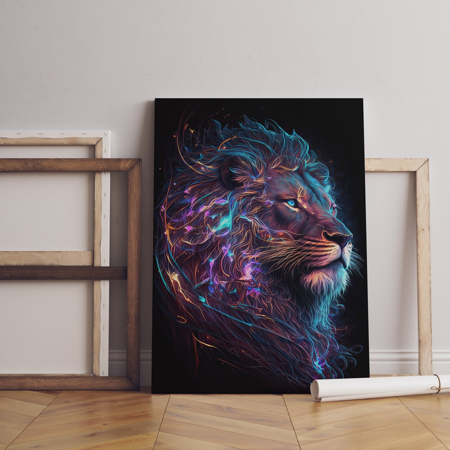 Abstract Neon Light Lion Art Design Glowing Background Canvas, Wall Art Canvas, Canvas Print, Minimalist Home Decor, Modern Art Paintings
