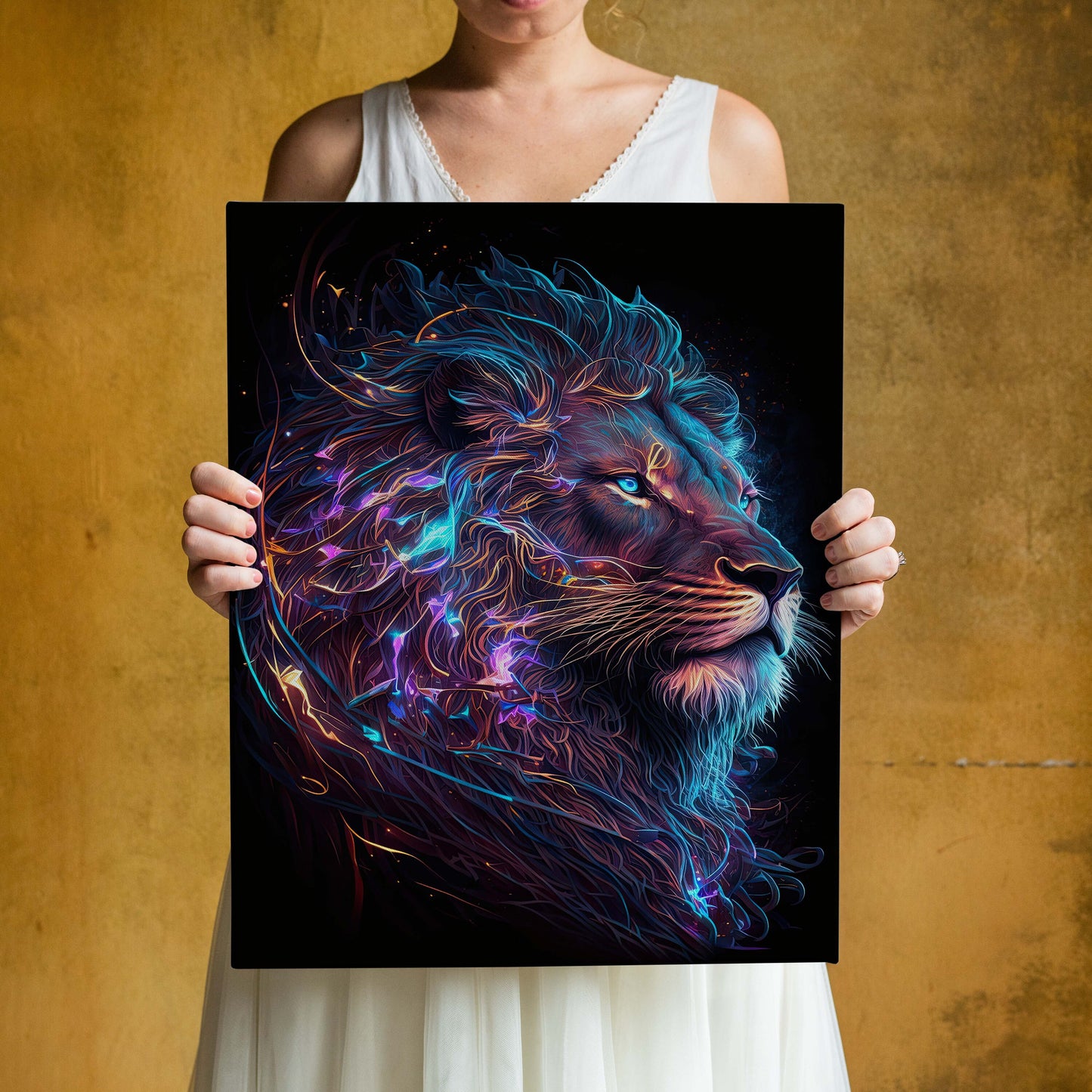Abstract Neon Light Lion Art Design Glowing Background Canvas, Wall Art Canvas, Canvas Print, Minimalist Home Decor, Modern Art Paintings