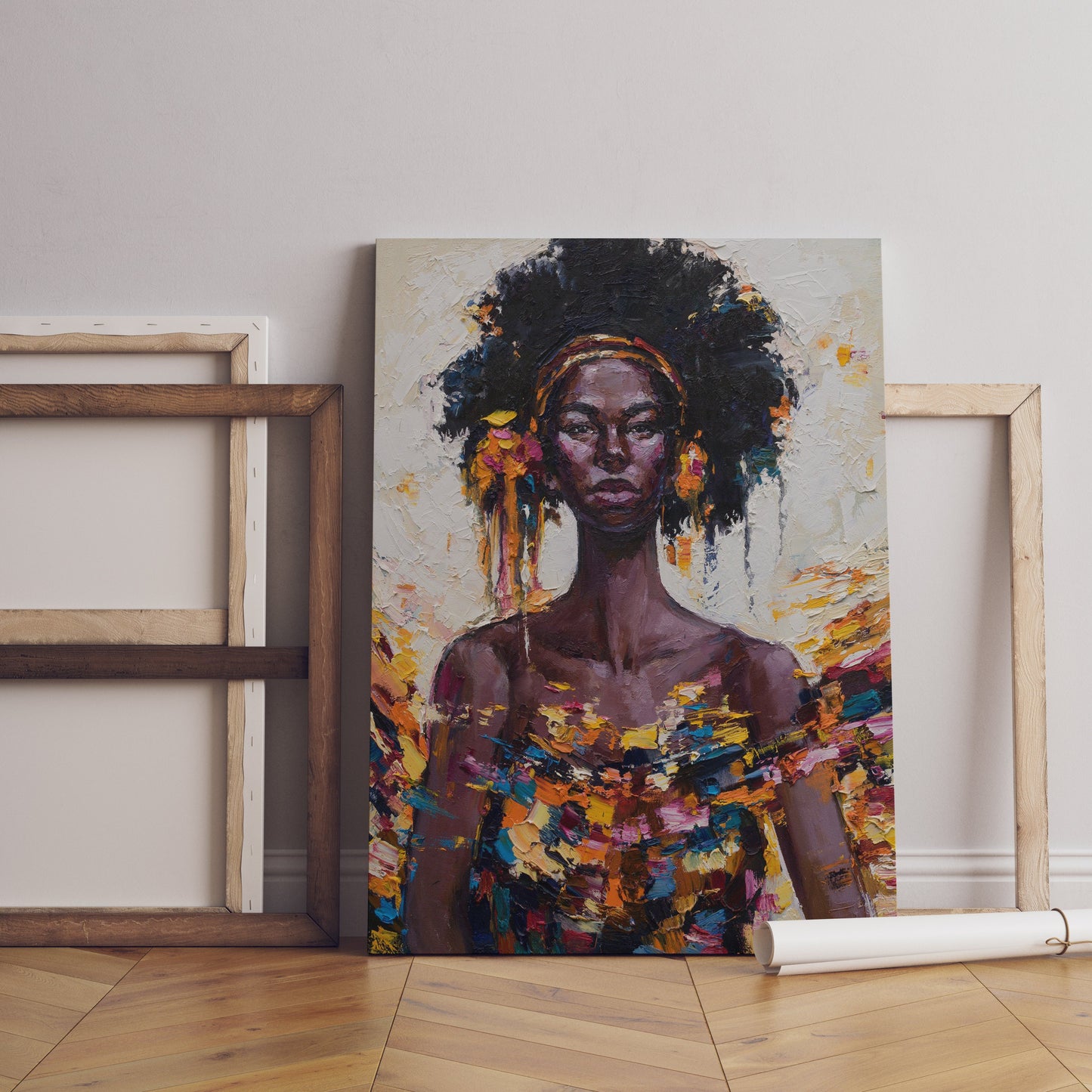 a painting of a woman with a headdress on