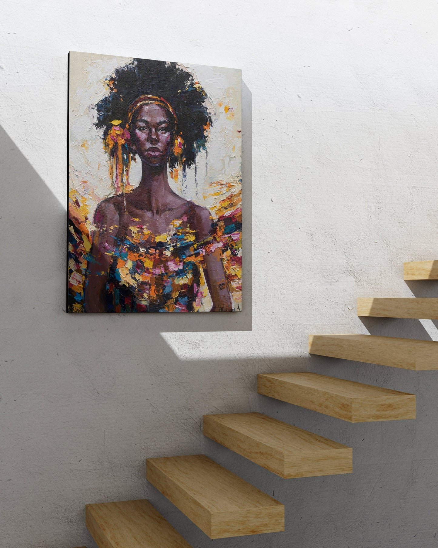 a painting hanging on a wall next to a stair case