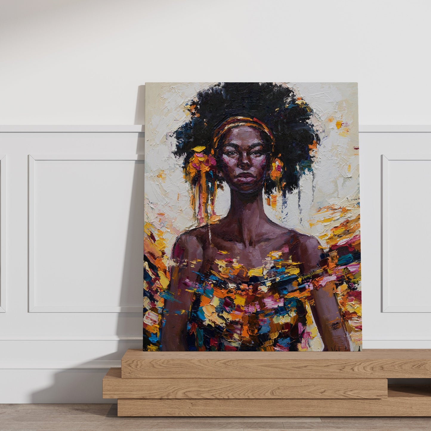 a painting of a woman with a headdress on