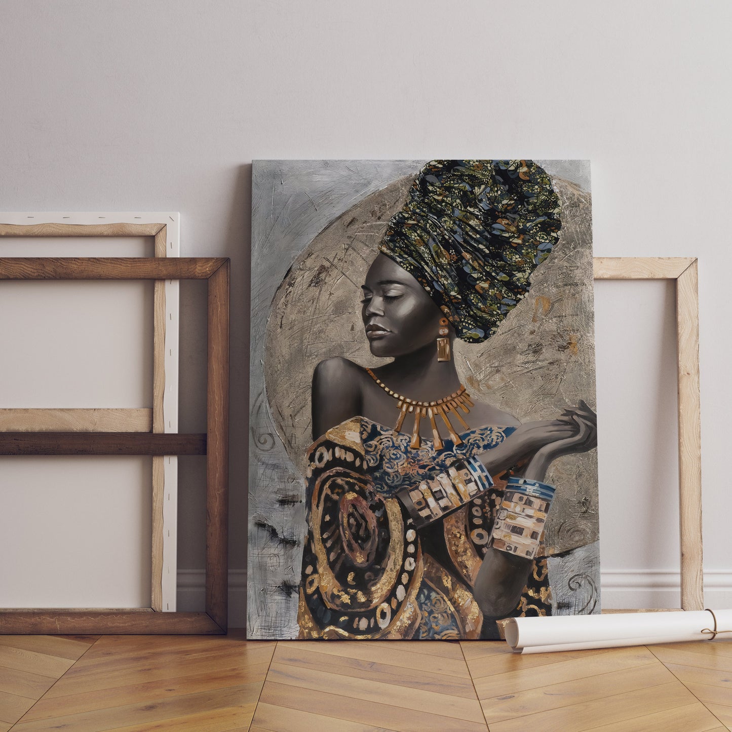 a painting of a woman in a dress on a wall