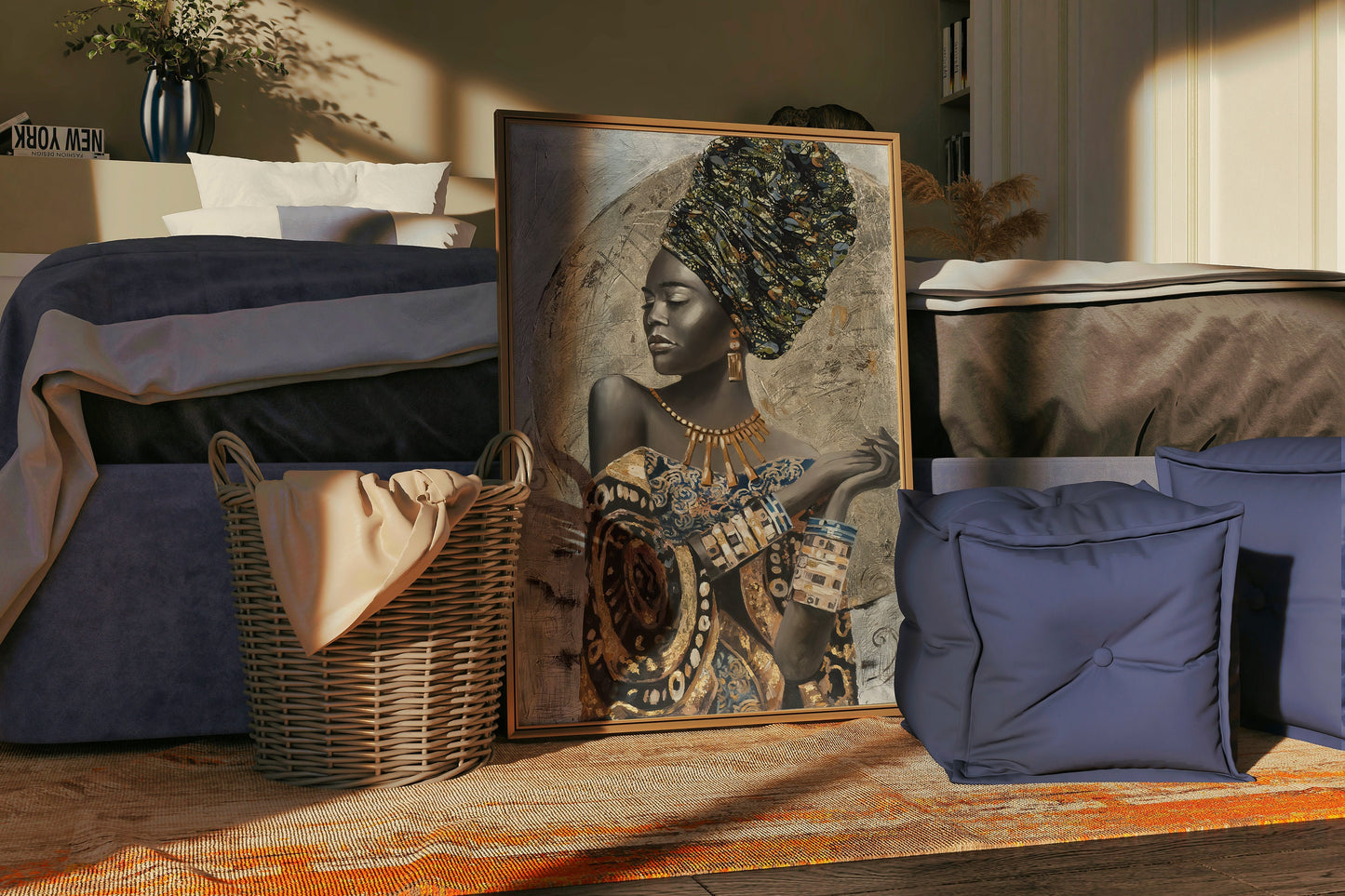 a picture of a woman with a turban and a basket