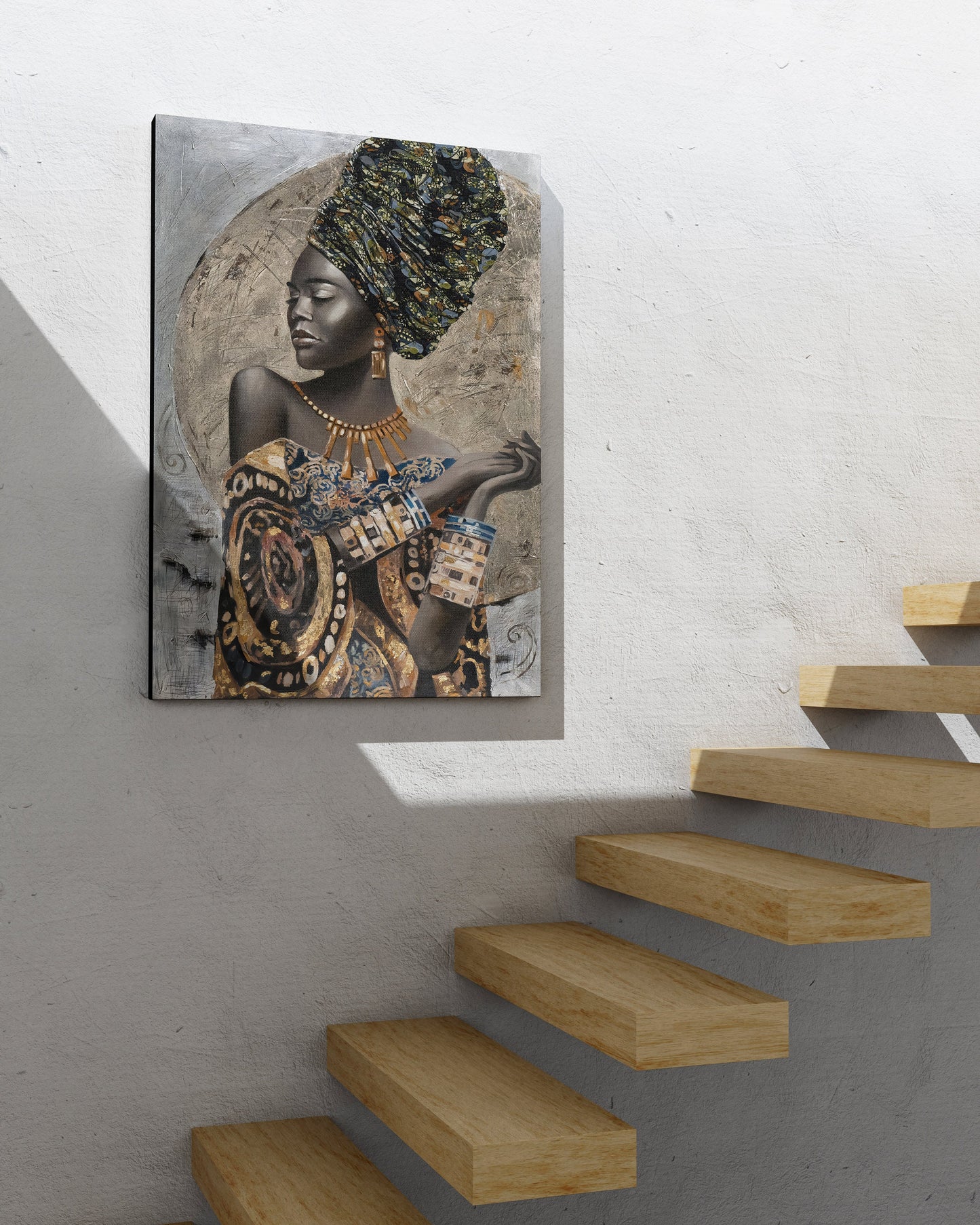 a painting of a woman holding a clock on a wall