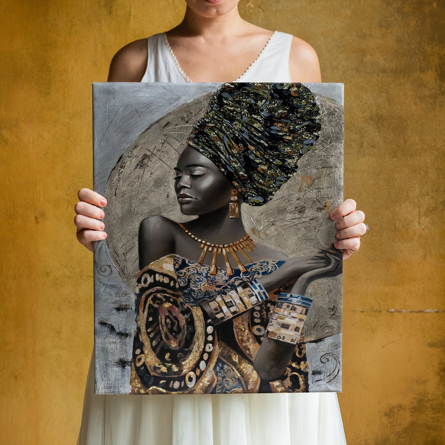 a woman holding up a painting of a woman in a white dress