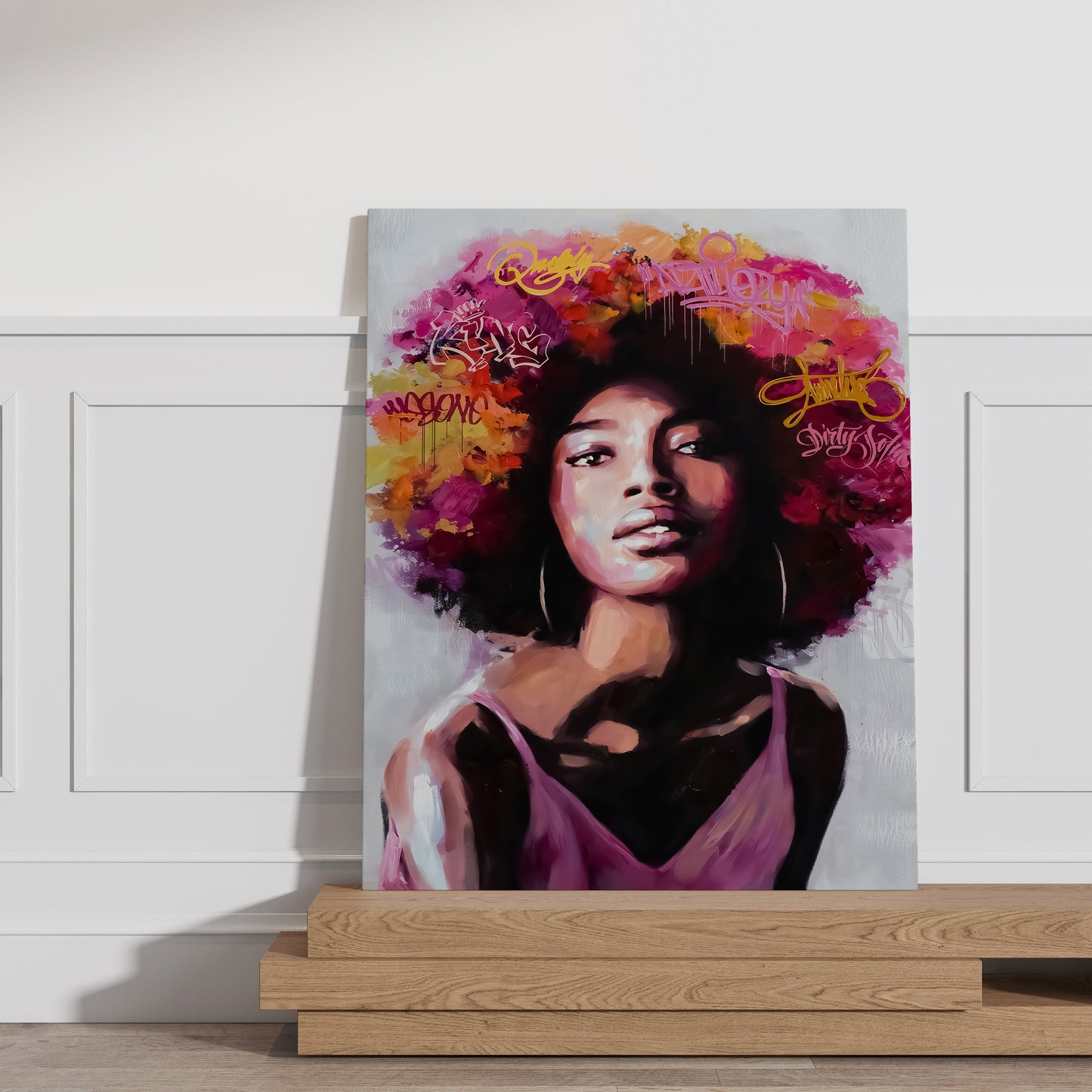 Afro Woman With Bonus Heads Written Inscriptions, African Wall Art, Canvas Print, Modern Art Paintings, People Portraits