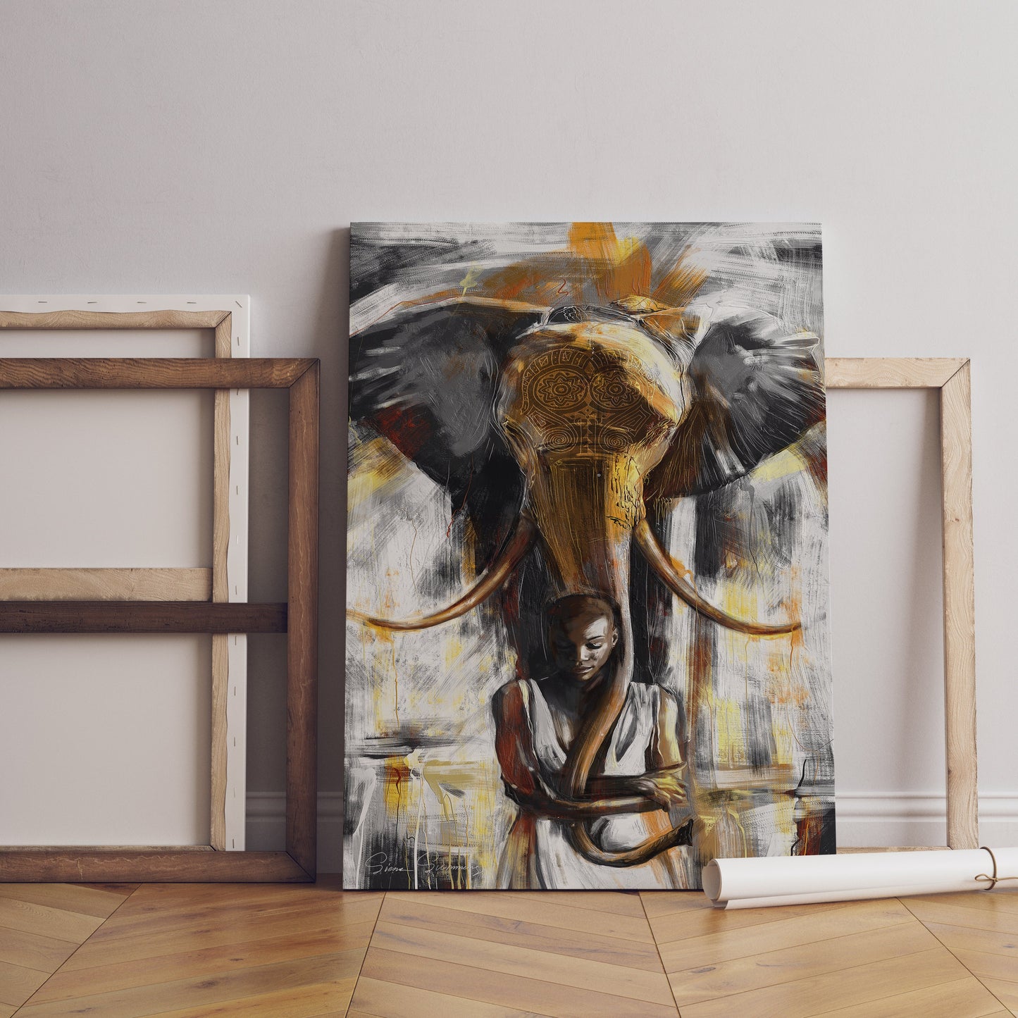 African Woman and Elephant Canvas, Black Woman, Animal Canvas, Black Art Canvas Print, Minimalist Home Decor, Modern Art Paintings
