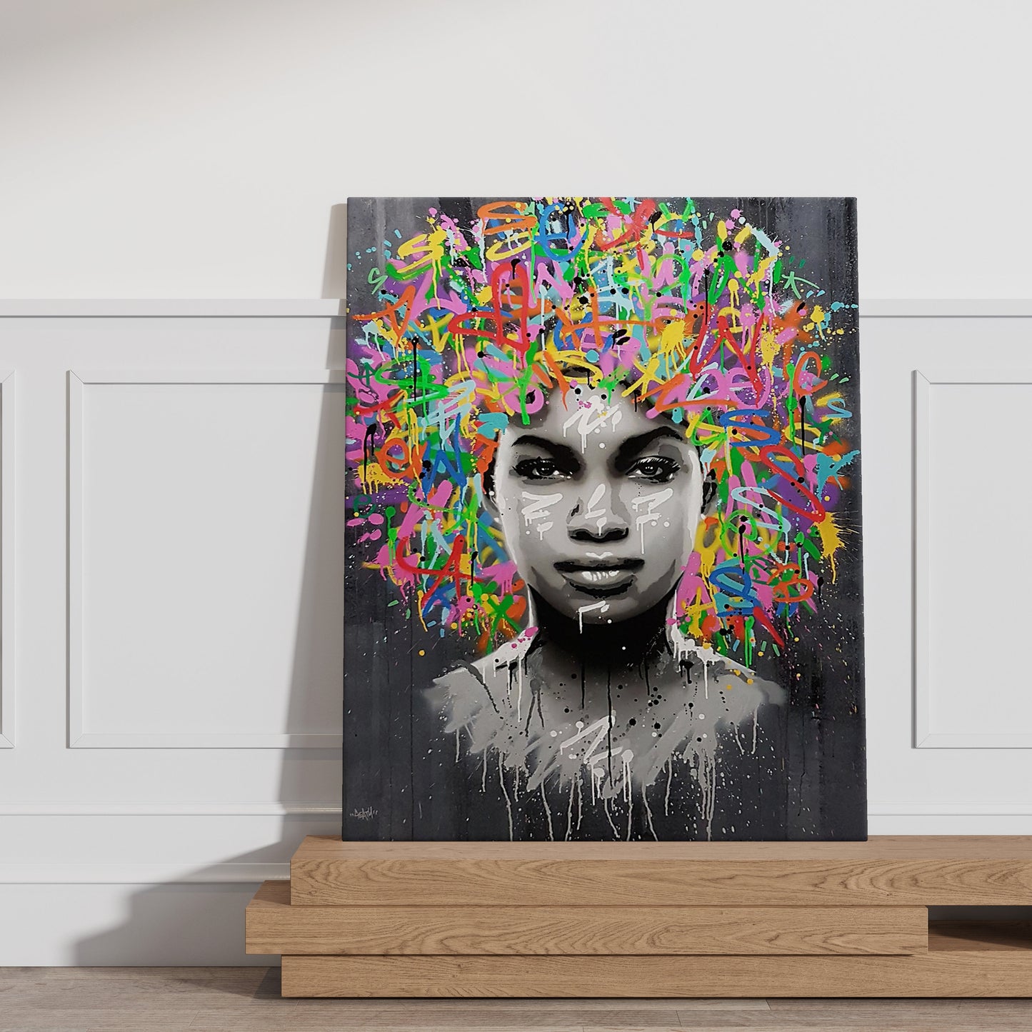 Afro Woman With Bonus Heads Written Inscriptions, African Wall Art, Canvas Print, Modern Art Paintings, People Portraits