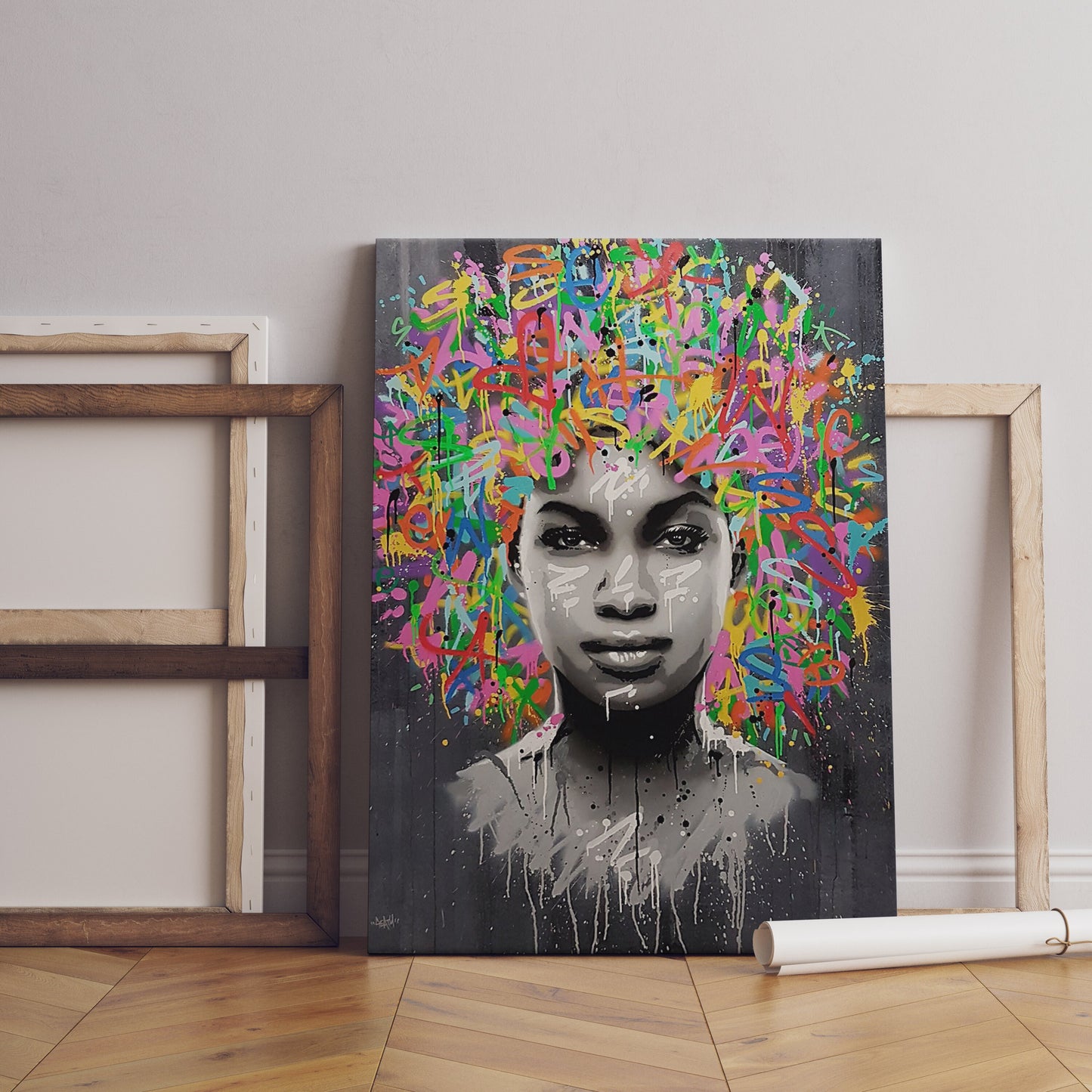 Afro Woman With Bonus Heads Written Inscriptions, African Wall Art, Canvas Print, Modern Art Paintings, People Portraits