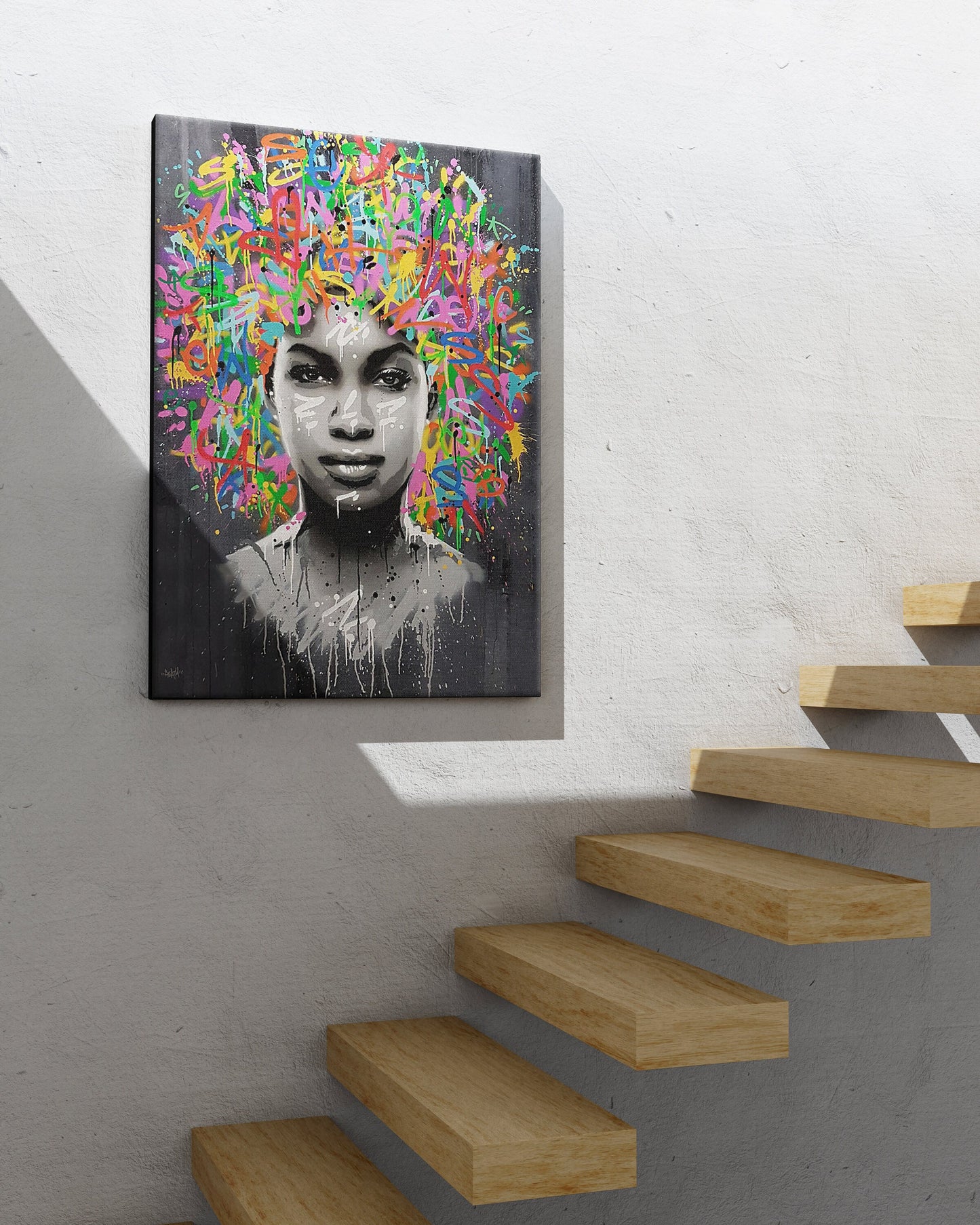 Afro Woman With Bonus Heads Written Inscriptions, African Wall Art, Canvas Print, Modern Art Paintings, People Portraits