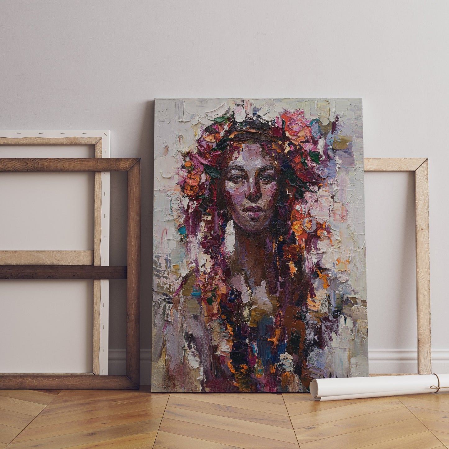 a painting of a woman with flowers in her hair