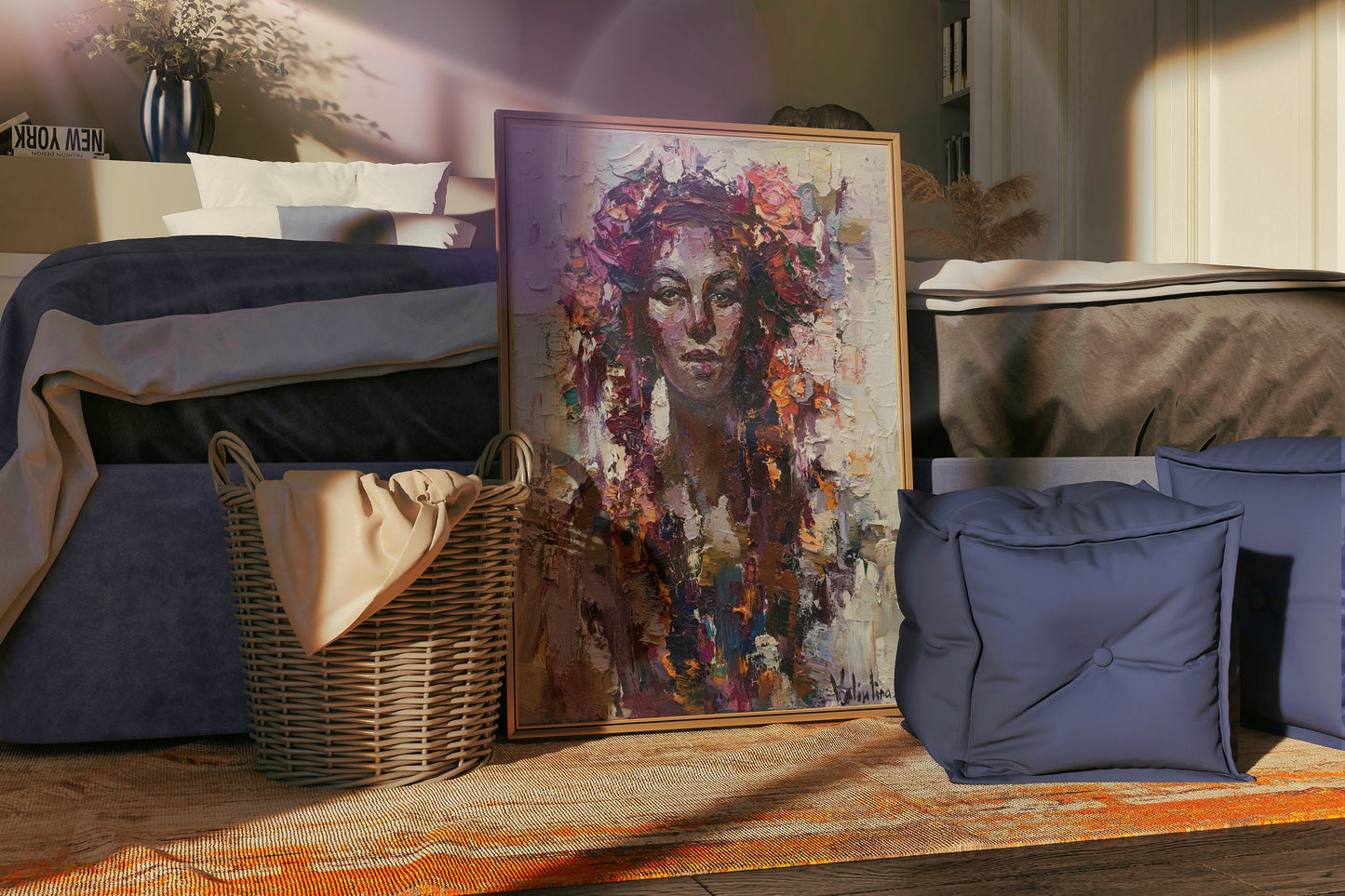 a painting of a man with long hair and a basket of pillows