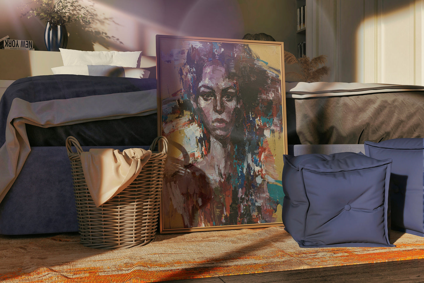 a picture of a woman is on the wall next to a basket