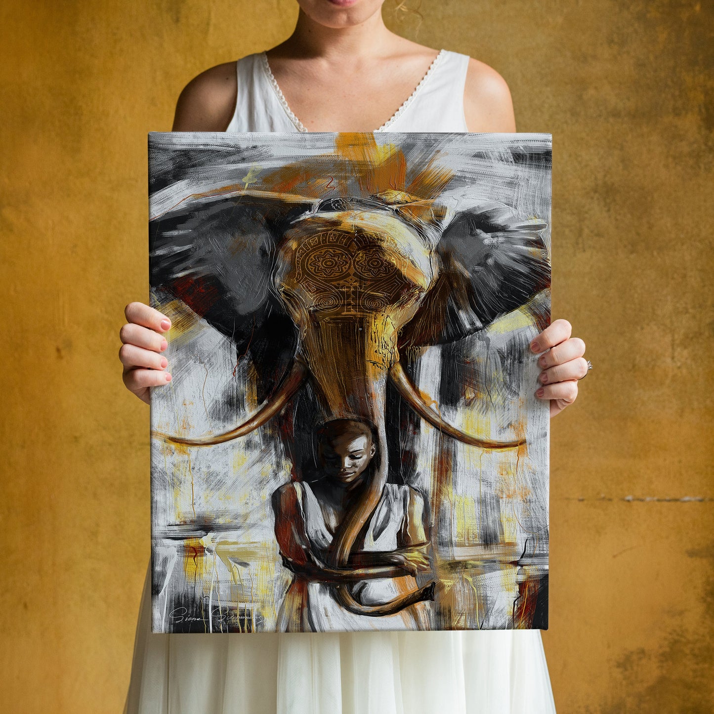 African Woman and Elephant Canvas, Black Woman, Animal Canvas, Black Art Canvas Print, Minimalist Home Decor, Modern Art Paintings
