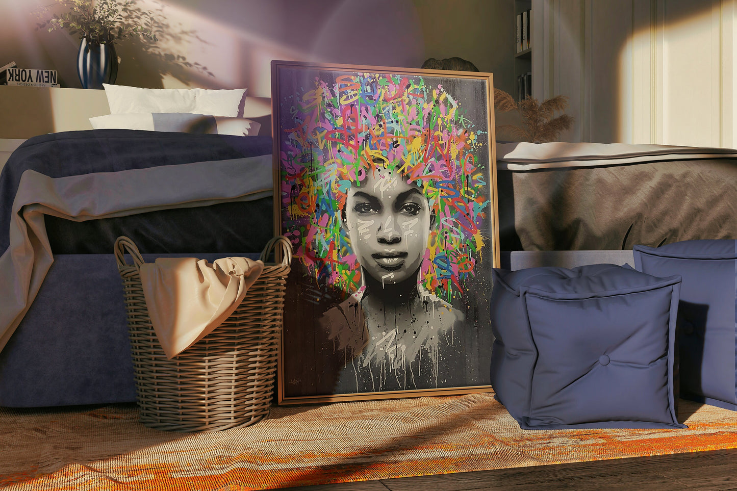 a picture of a woman's face on a wall next to pillows and blankets