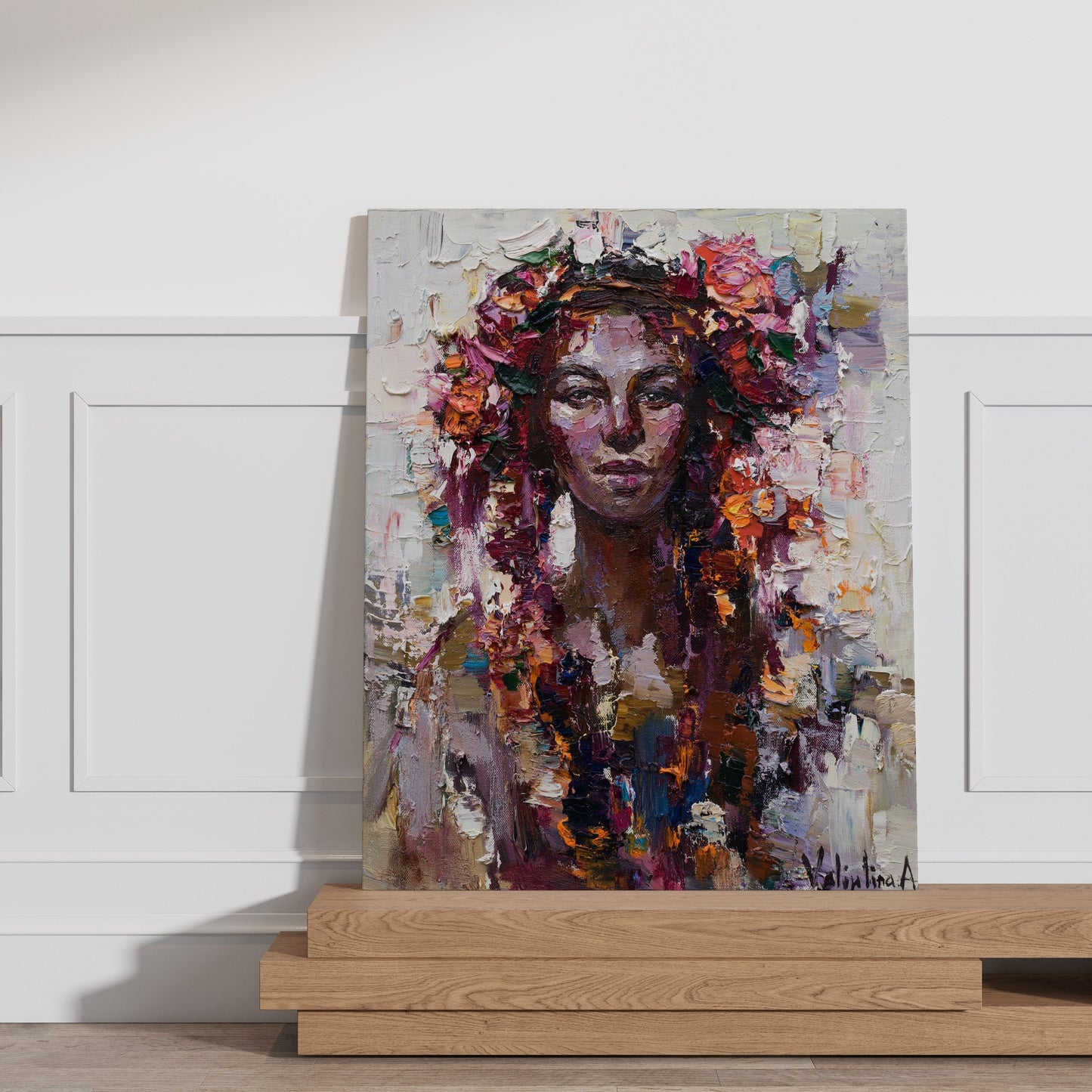 a painting of a woman with flowers in her hair
