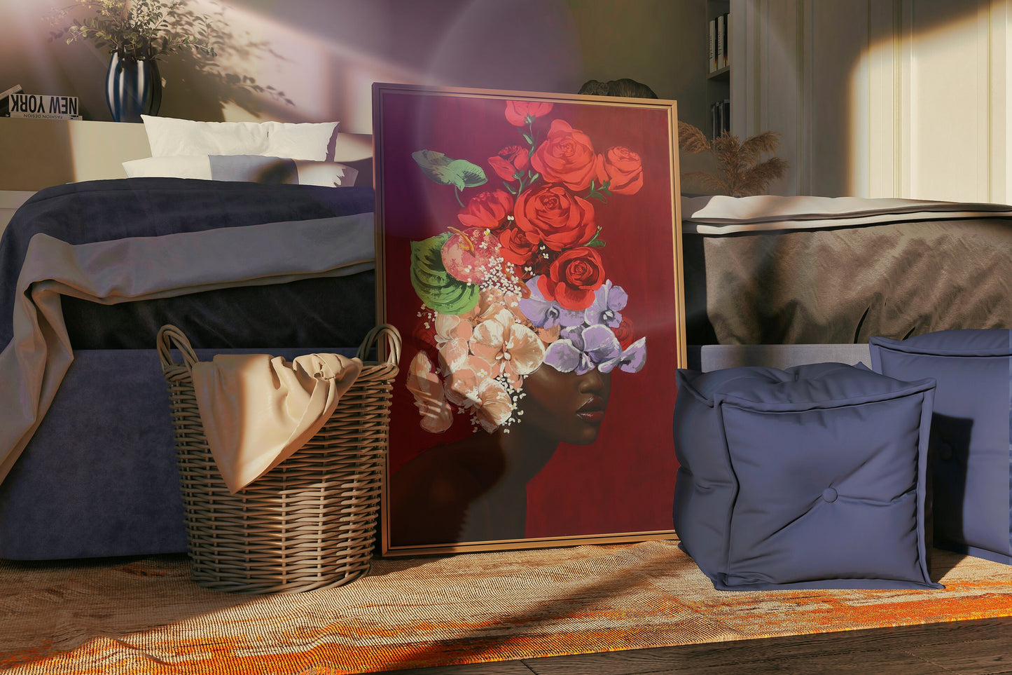African Woman Covered With Flowers Canvas, Flower Head Woman, Colorful Flowers, African Woman