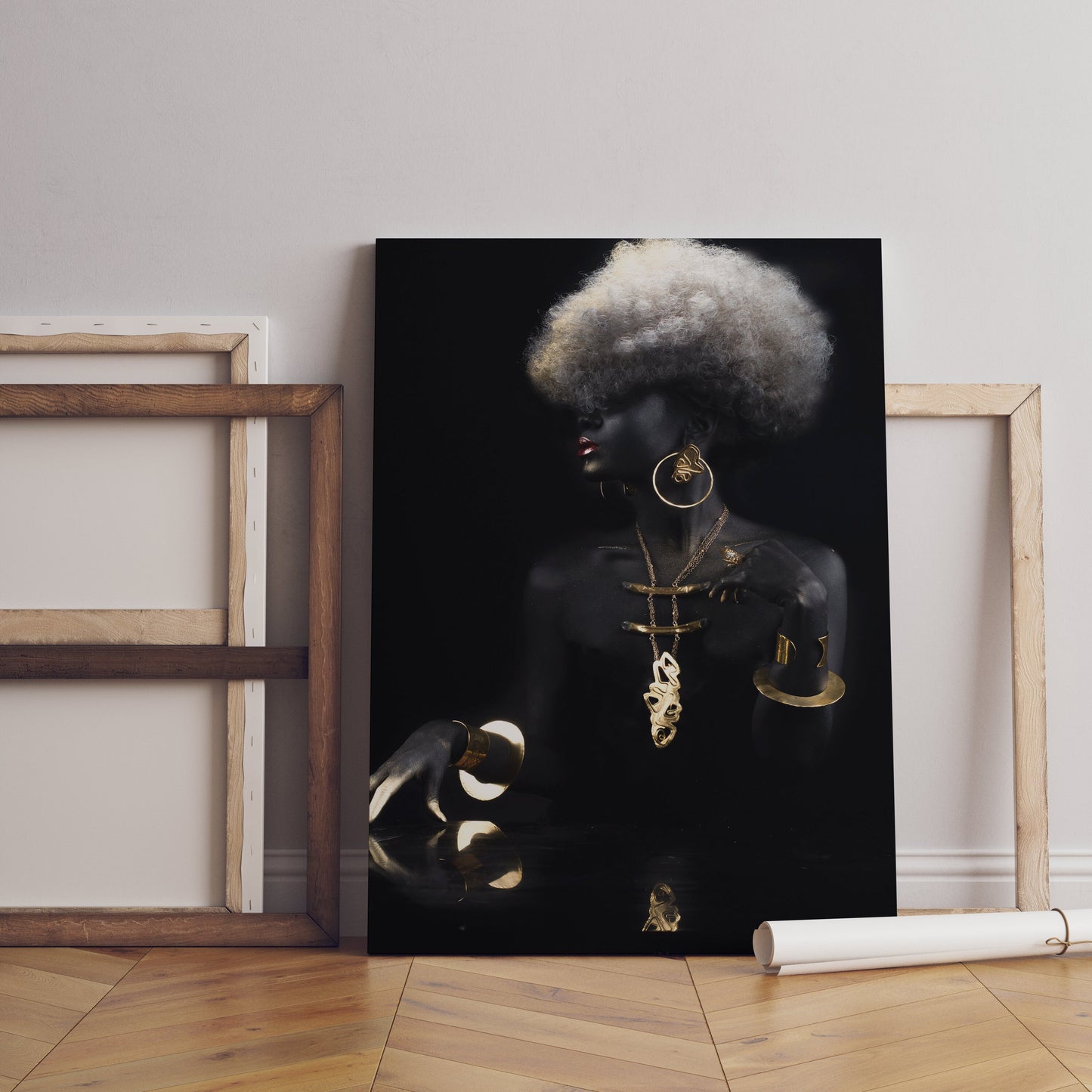 African Woman with Black Hair Canvas, African Canvas, Woman Canvas Print, Gold Accessory Minimalist Home Decor,Modern Art Paintings