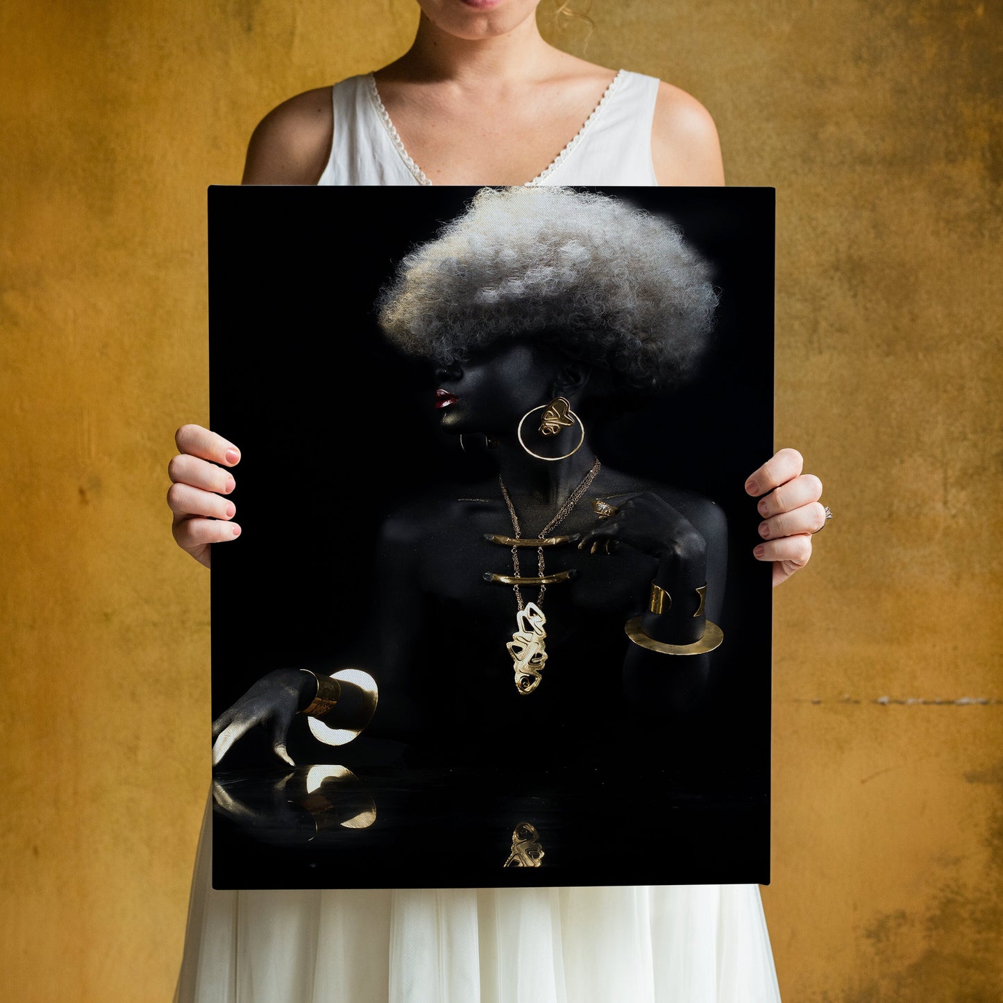 African Woman with Black Hair Canvas, African Canvas, Woman Canvas Print, Gold Accessory Minimalist Home Decor,Modern Art Paintings