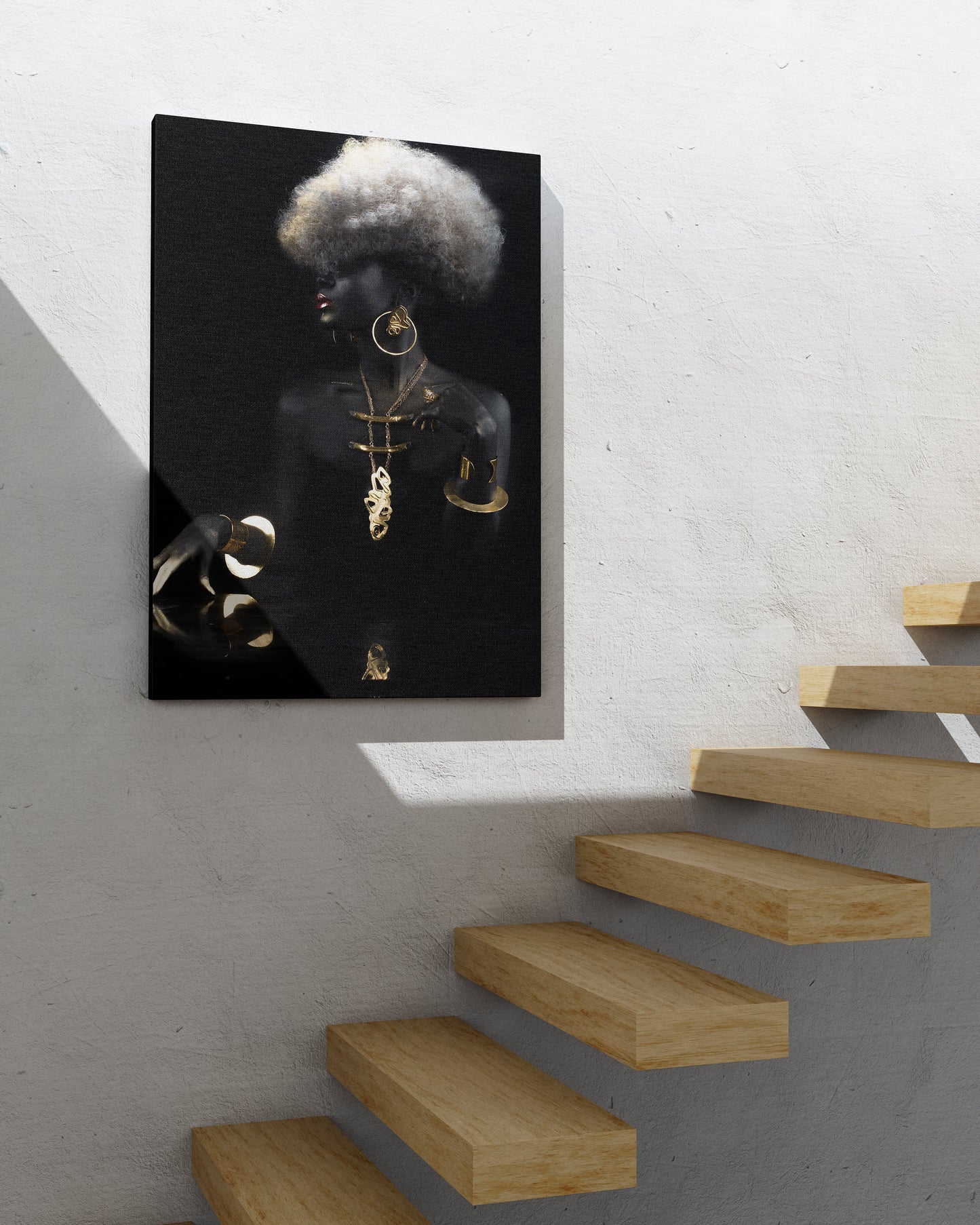 African Woman with Black Hair Canvas, African Canvas, Woman Canvas Print, Gold Accessory Minimalist Home Decor,Modern Art Paintings