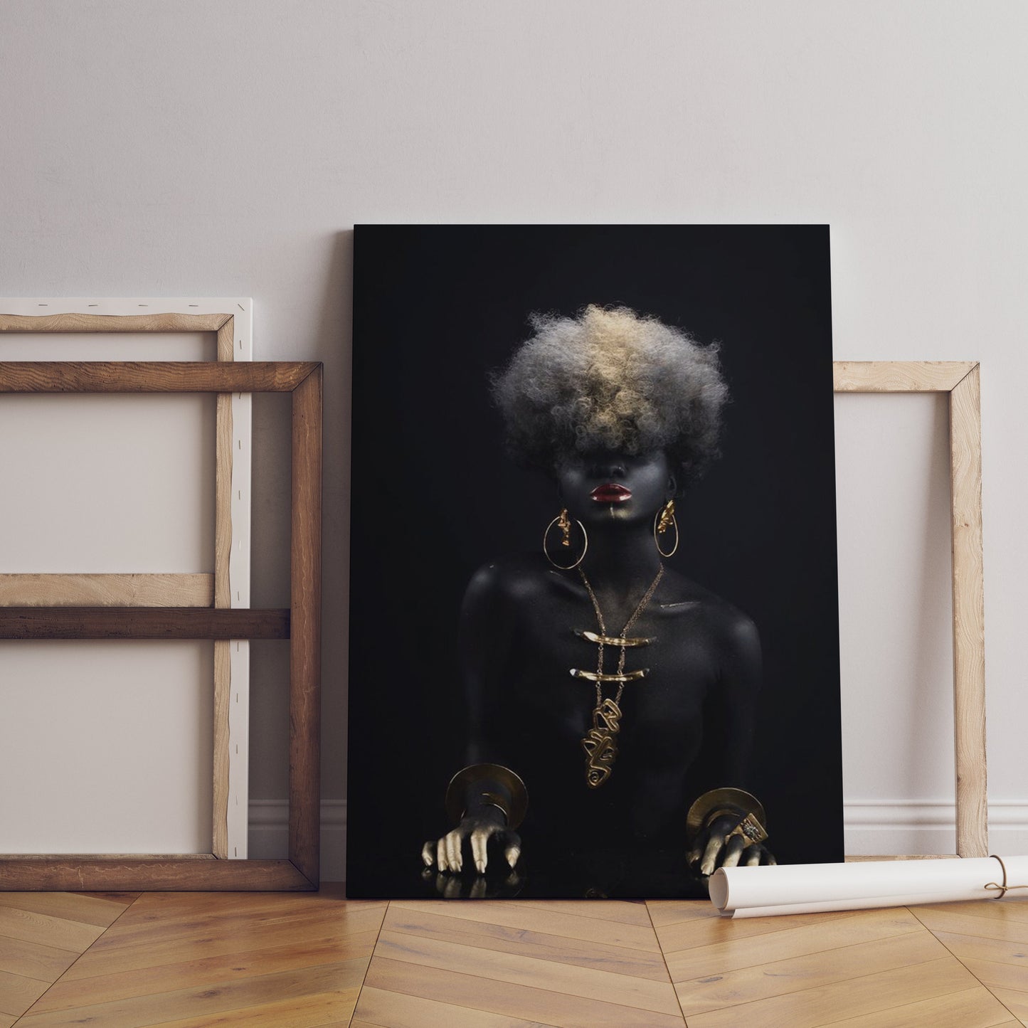 African Woman with Black Hair Canvas, African Canvas, Woman Canvas Print, Gold Accessory Minimalist Home Decor,Modern Art Paintings