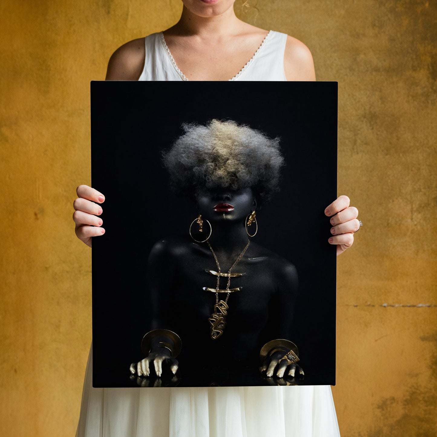 African Woman with Black Hair Canvas, African Canvas, Woman Canvas Print, Gold Accessory Minimalist Home Decor,Modern Art Paintings