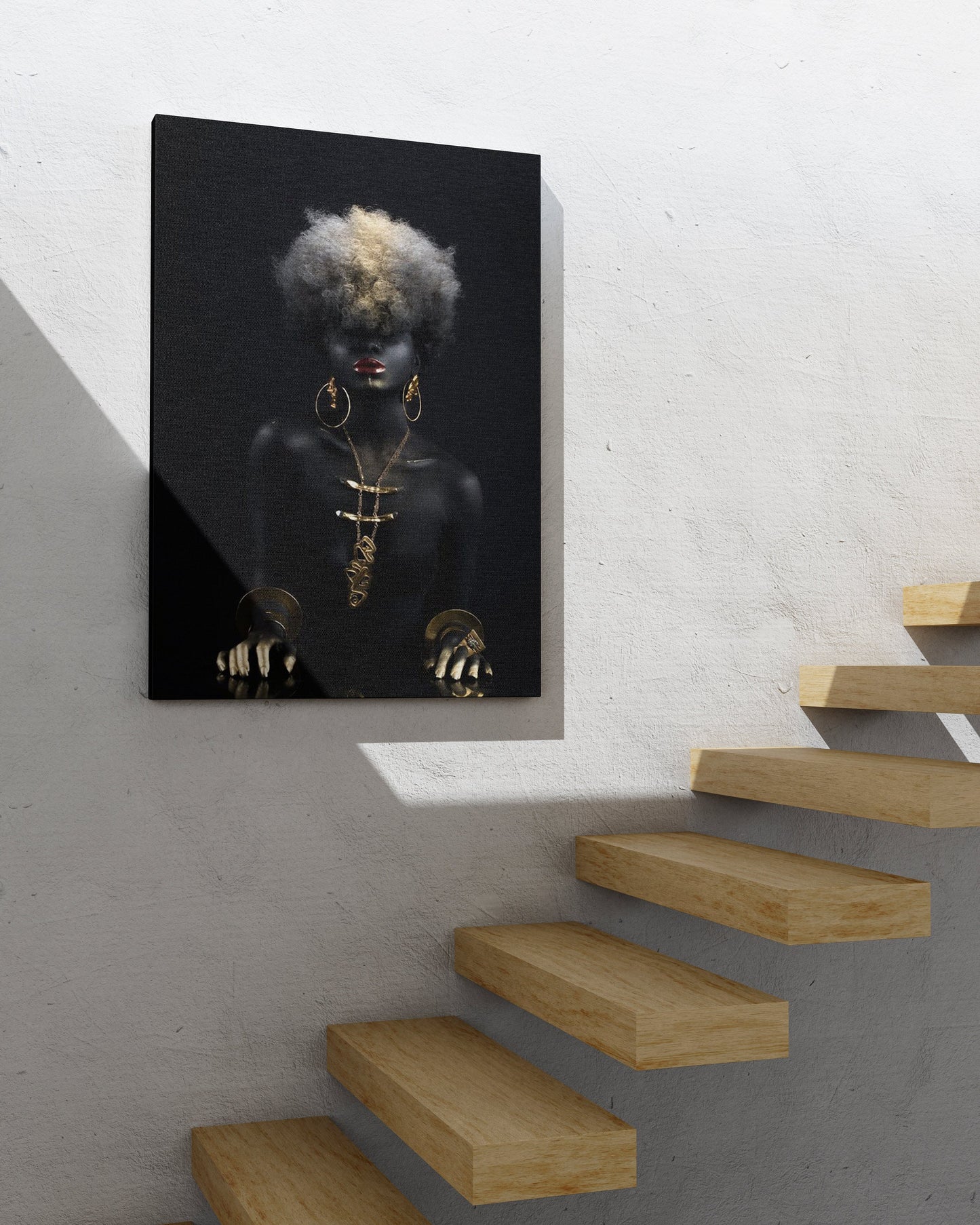 African Woman with Black Hair Canvas, African Canvas, Woman Canvas Print, Gold Accessory Minimalist Home Decor,Modern Art Paintings