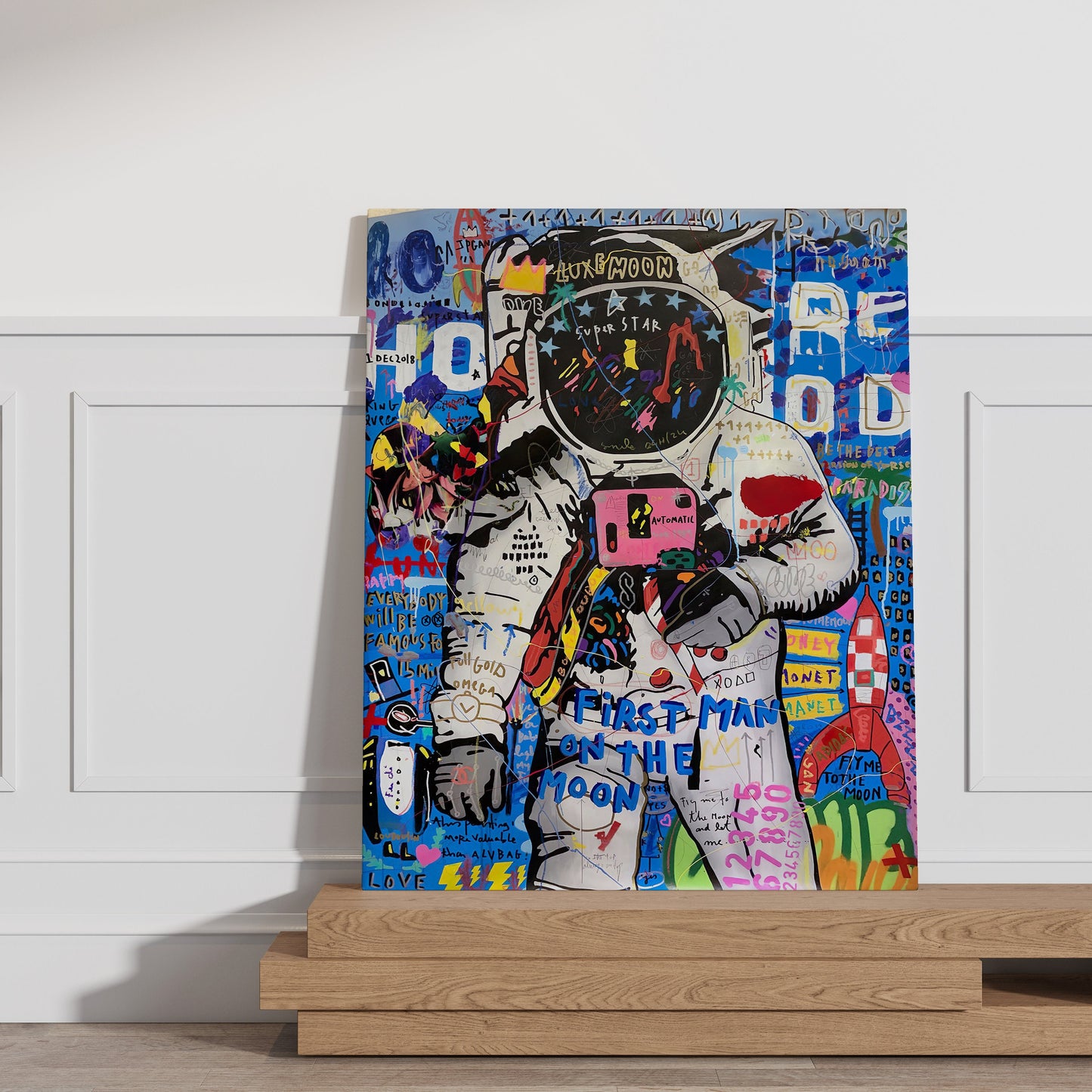 a painting of an astronaut holding a clock
