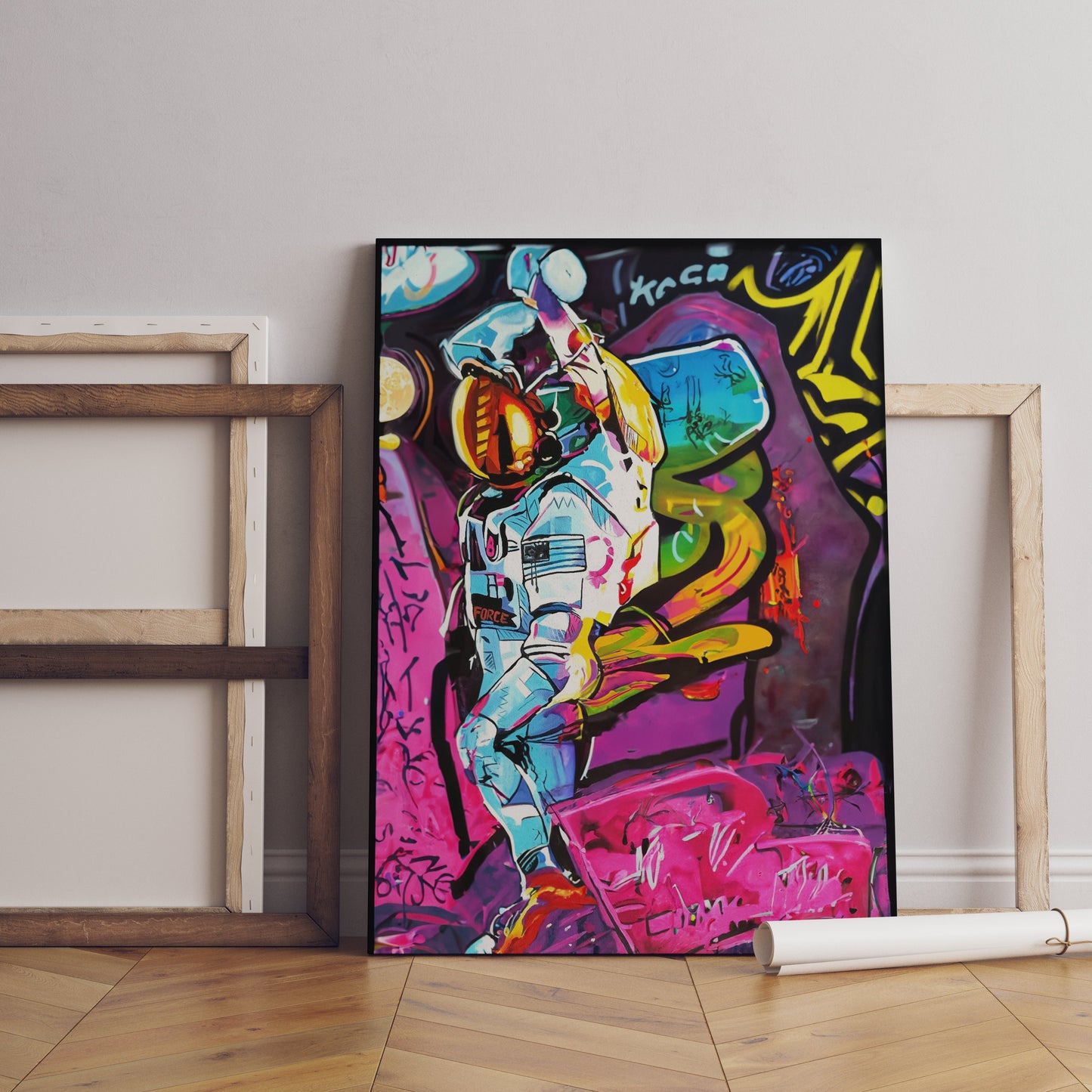 a painting of a man in a space suit on a wall
