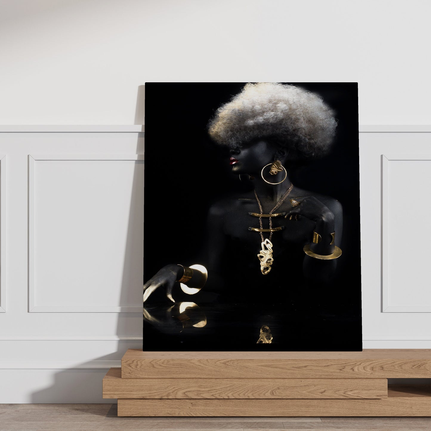 African Woman with Black Hair Canvas, African Canvas, Woman Canvas Print, Gold Accessory Minimalist Home Decor,Modern Art Paintings