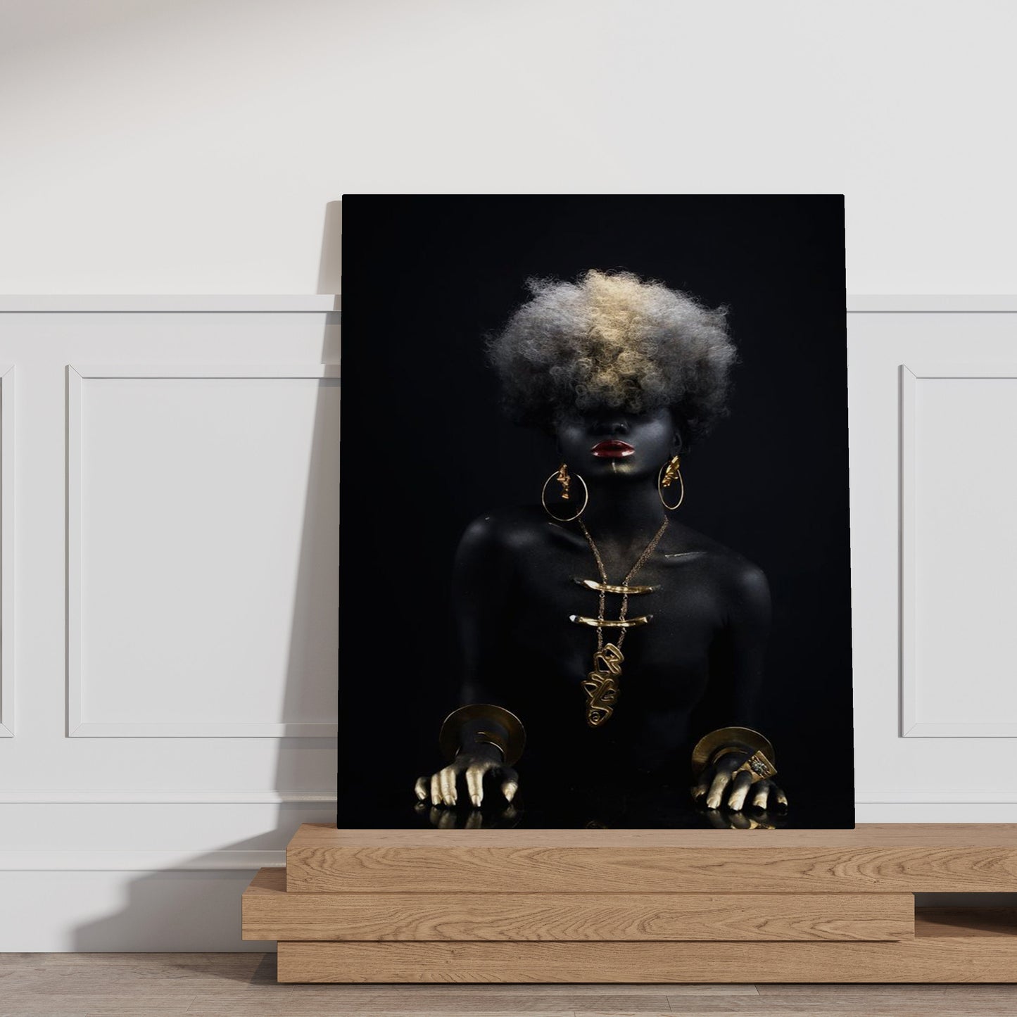 African Woman with Black Hair Canvas, African Canvas, Woman Canvas Print, Gold Accessory Minimalist Home Decor,Modern Art Paintings