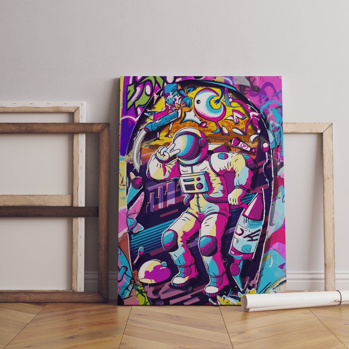 a painting on a wall next to a wooden frame