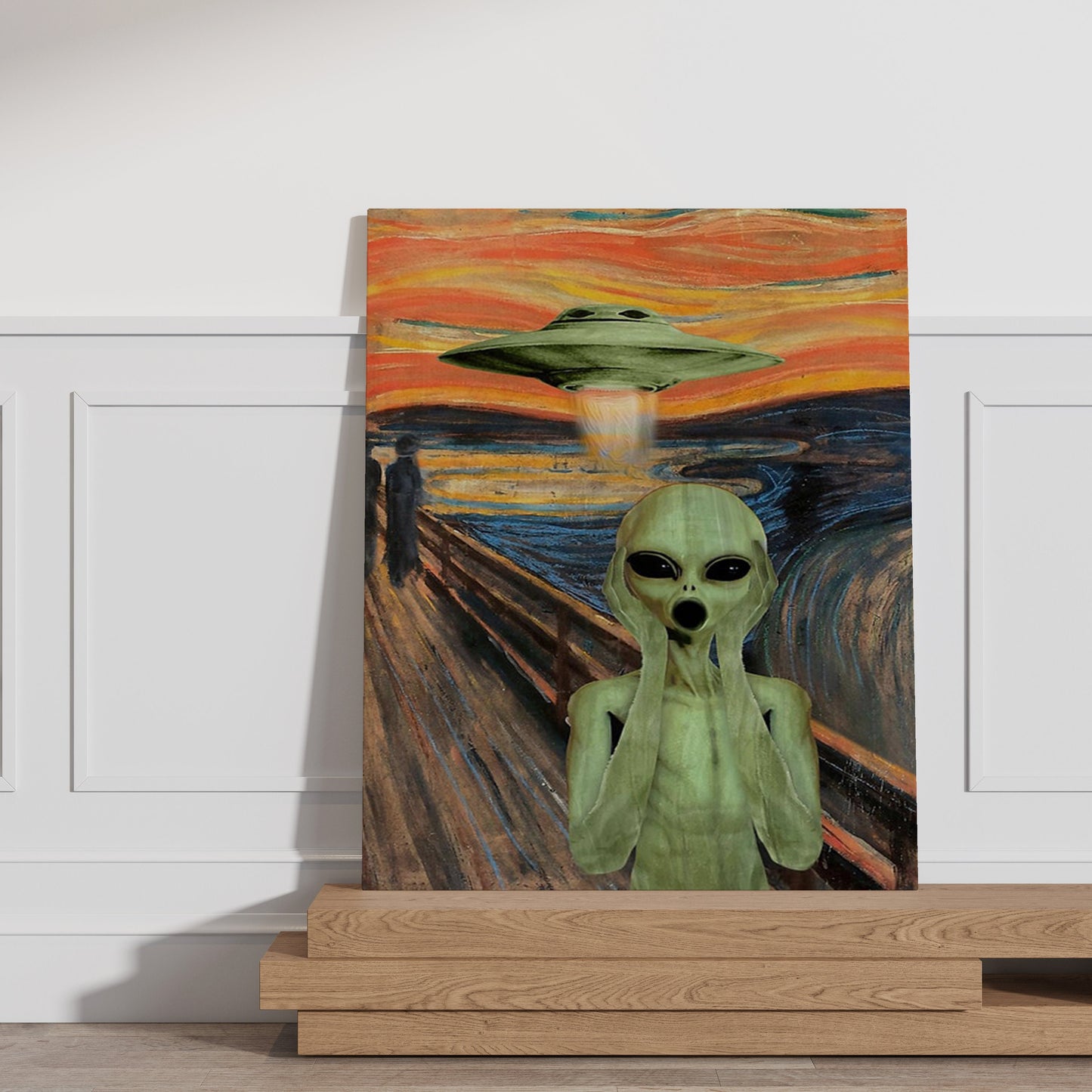a painting of an alien standing in front of a painting