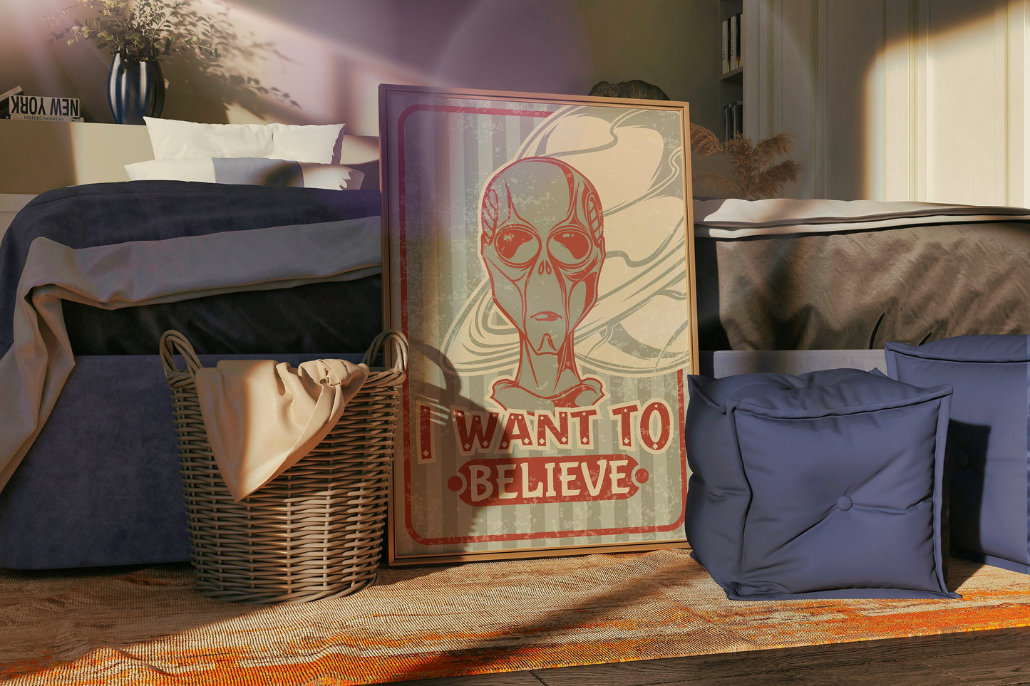 a box with a sign that says i want to believe