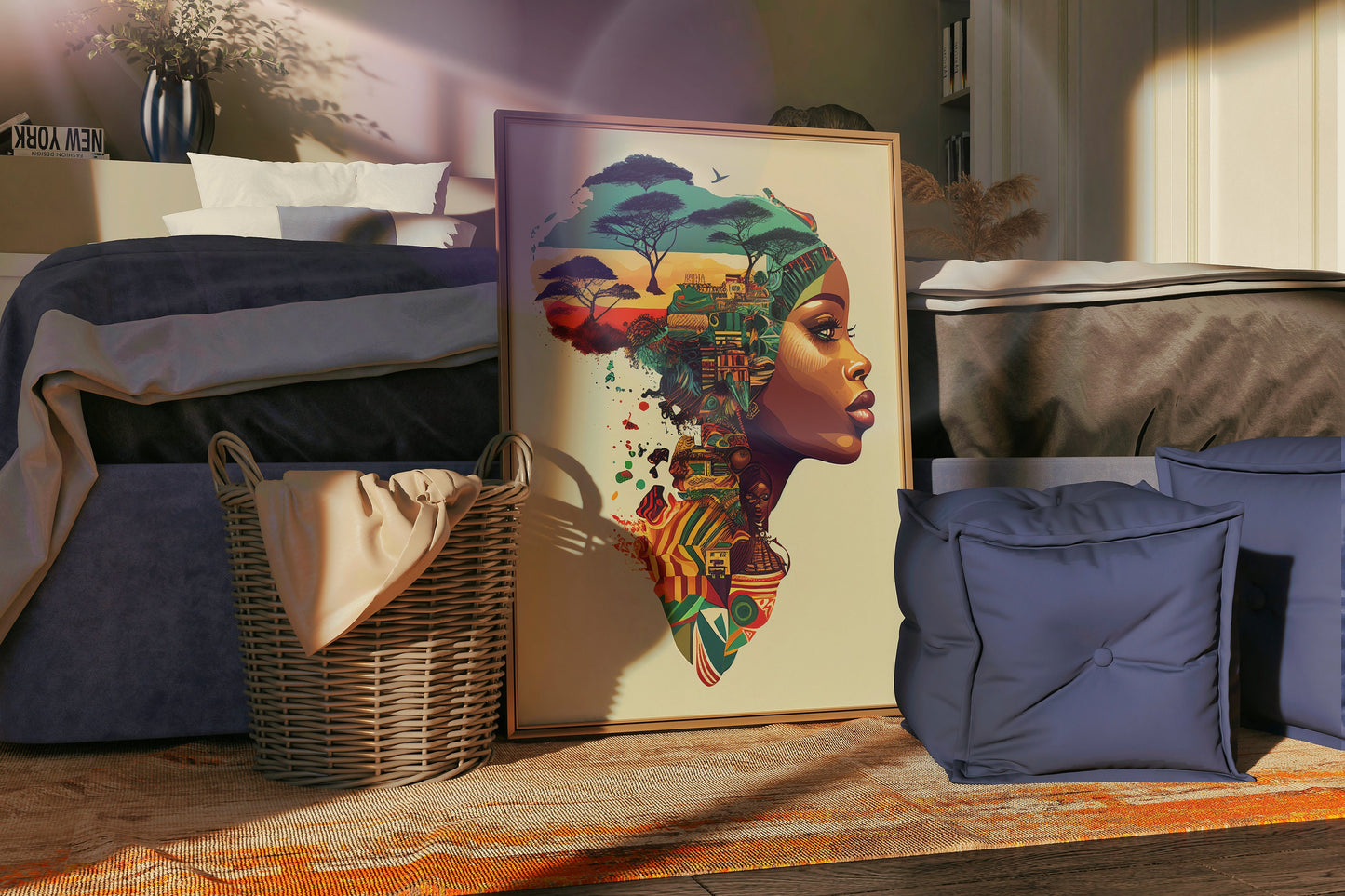 a picture of a woman's head on a wall next to a basket and