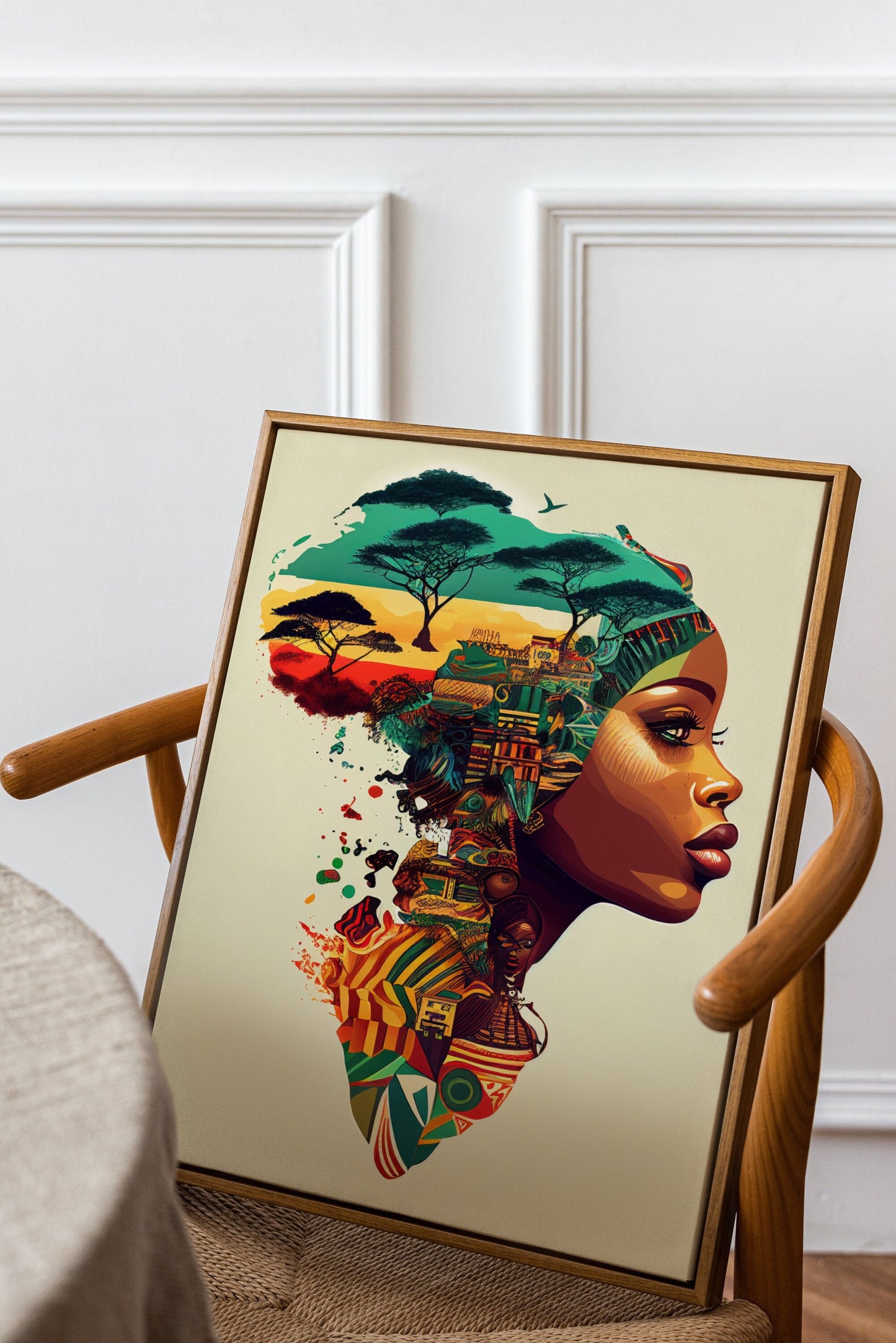 a picture of a woman's face on a chair