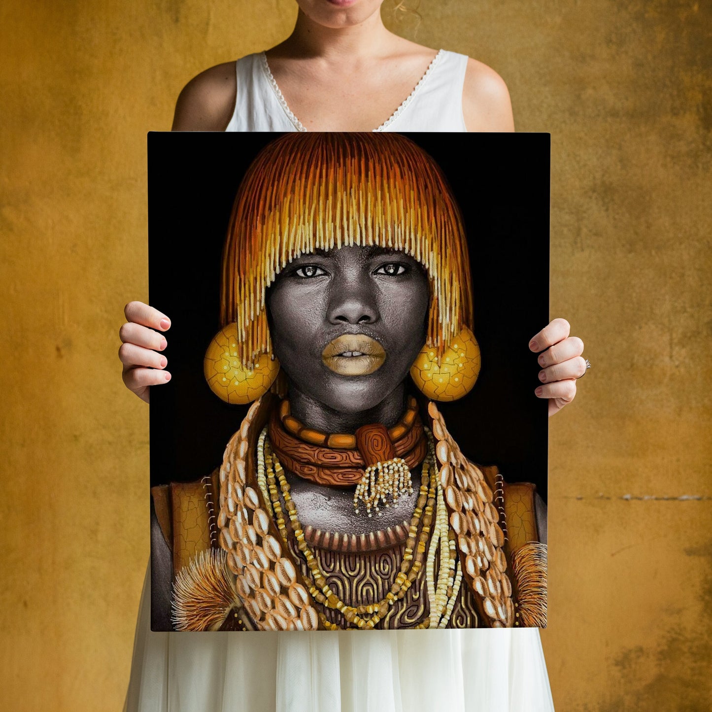 African Woman Canvas, With Gold Makeup and Accessories, African Canvas, Woman Canvas Print, Ethnic Artwork, African American Art