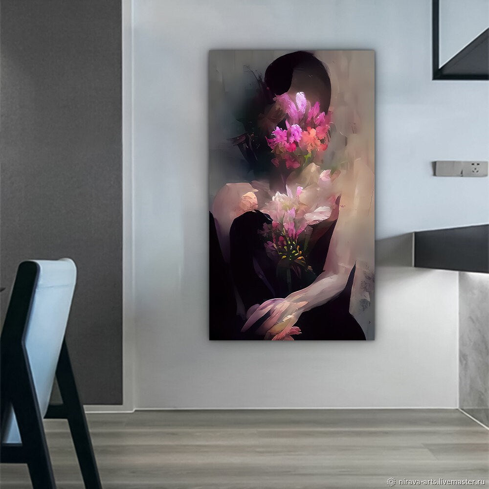 a painting of a woman holding a bouquet of flowers