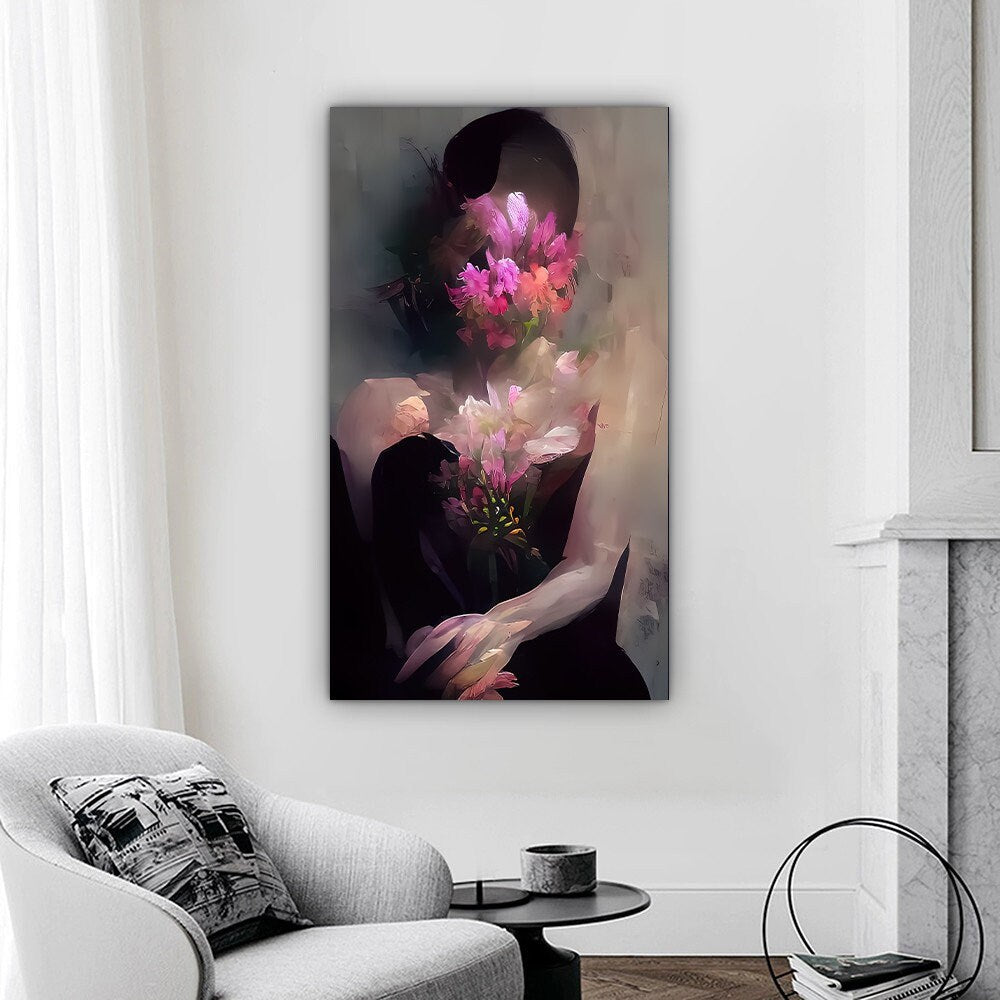 a painting of a woman holding a bouquet of flowers