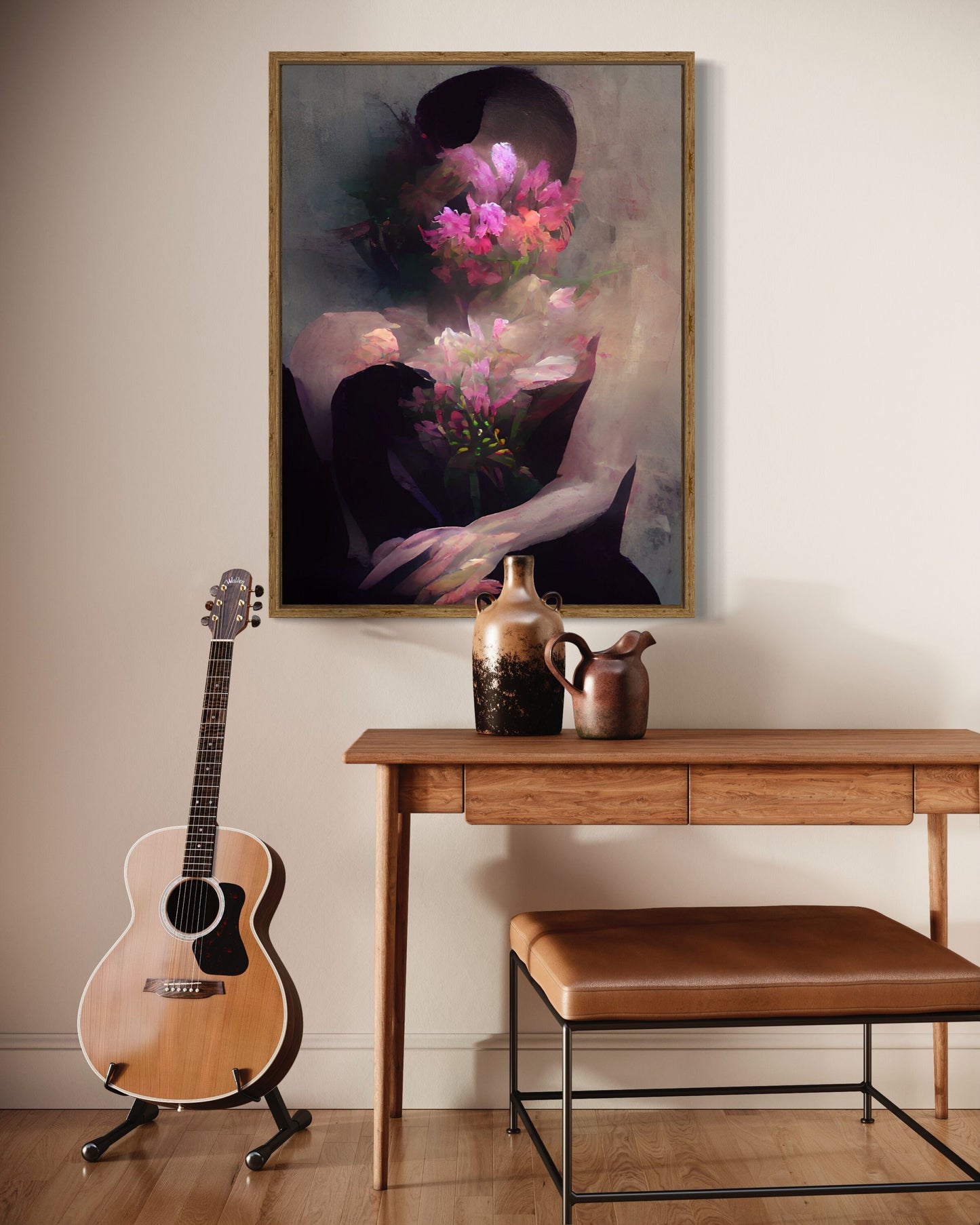 Abstract Woman Portrait, Woman Wall Art, Woman Canvas, Flower Wall Art, Pink Flowers Print,Canvas Painting Print, Abstract Woman Canvas