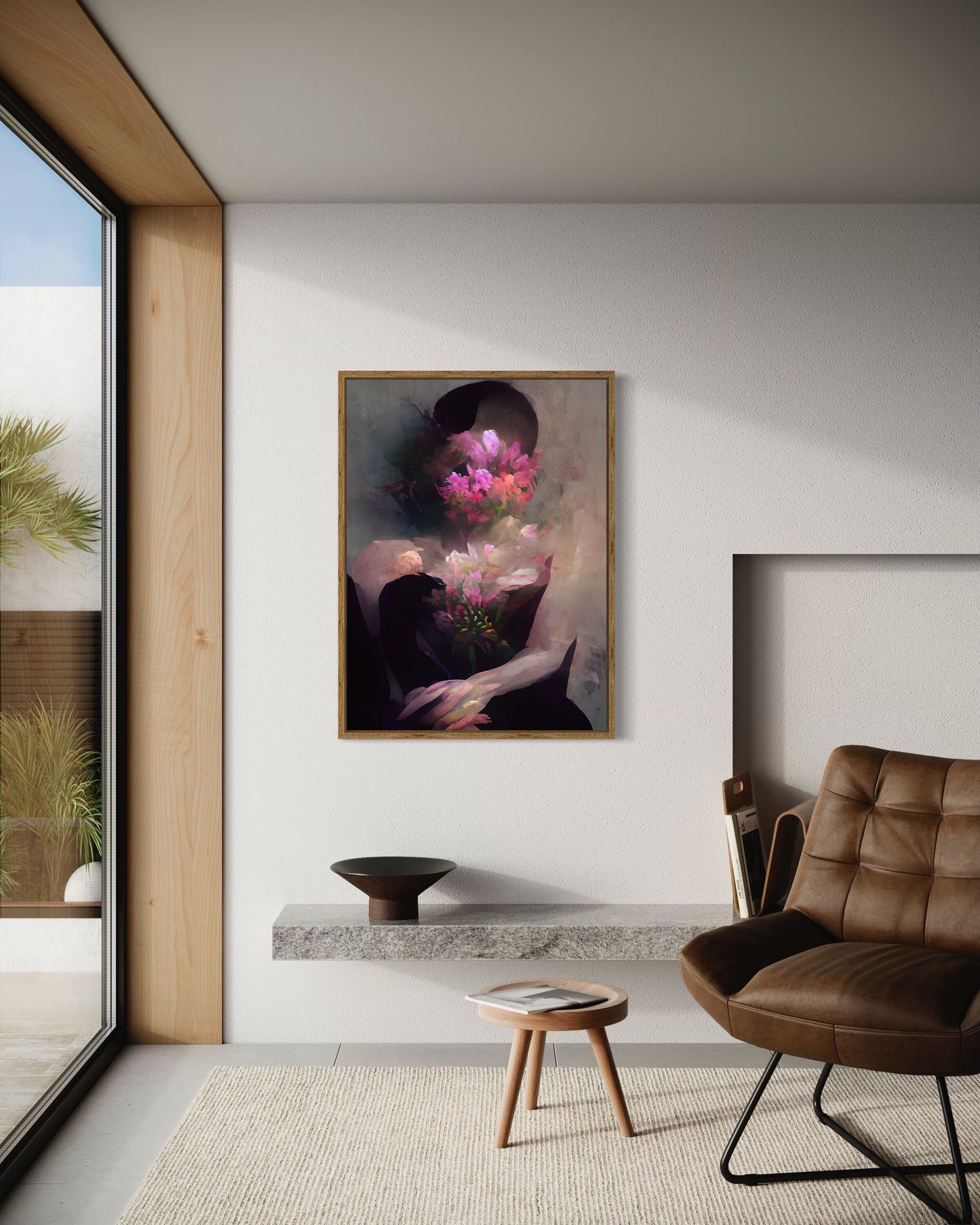 Abstract Woman Portrait, Woman Wall Art, Woman Canvas, Flower Wall Art, Pink Flowers Print,Canvas Painting Print, Abstract Woman Canvas